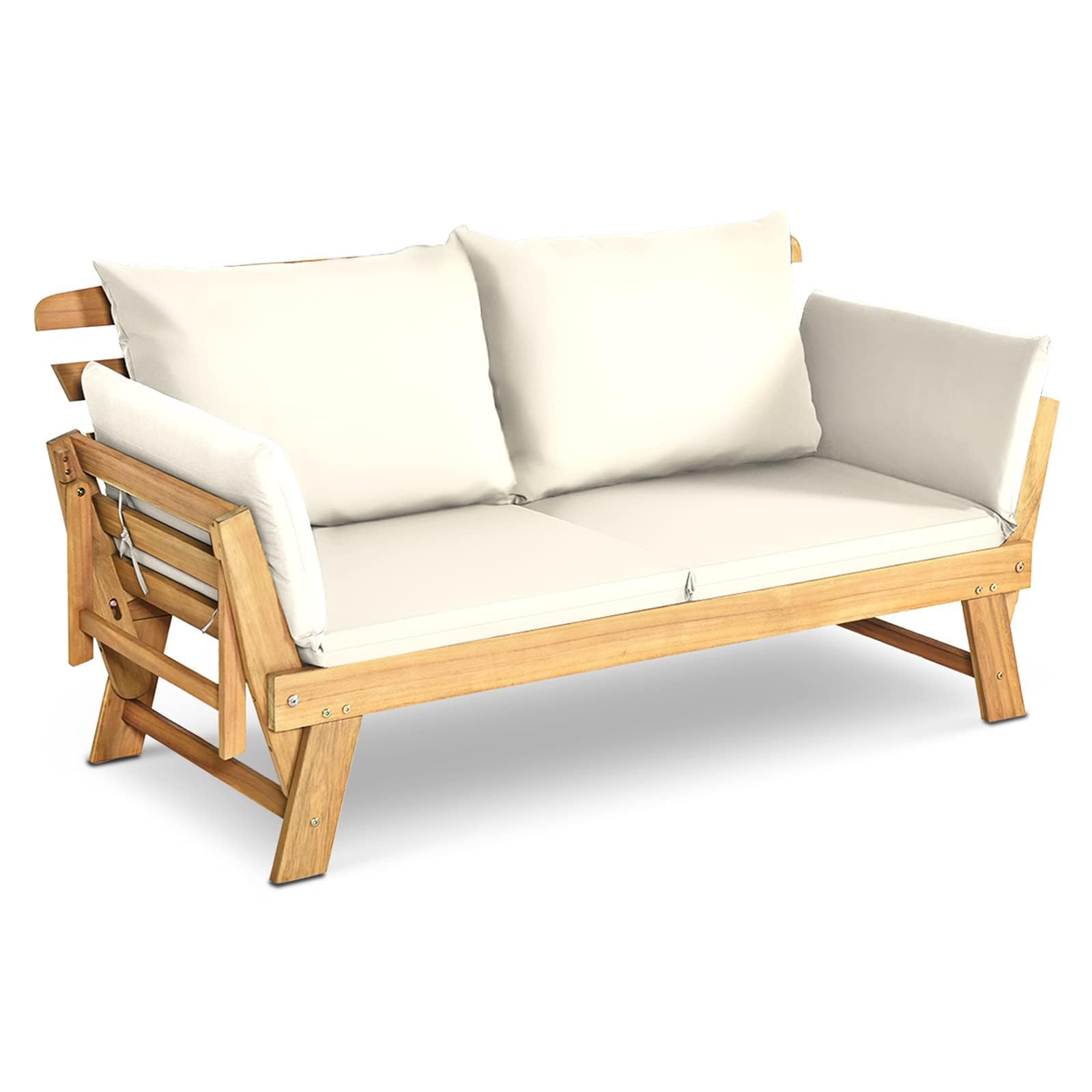 DORTALA Patio Convertible Couch Sofa Bed - Acacia Wood Daybed with Adjustable Armrest, Collapsible Chaise Lounge with Cushions & Pillows - Outdoor Loveseat for Poolside, Courtyard, Garden, Balcony (White) - Perfect for Relaxing, Sunbathing and Outdoor Entertaining