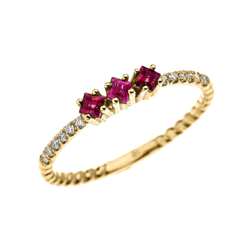10K Yellow Gold Three Stone Princess Cut Ruby and Diamond Dainty Rope Design Ring for Women - Elegant Jewelry Gift for Anniversary, Engagement, Valentine's Day