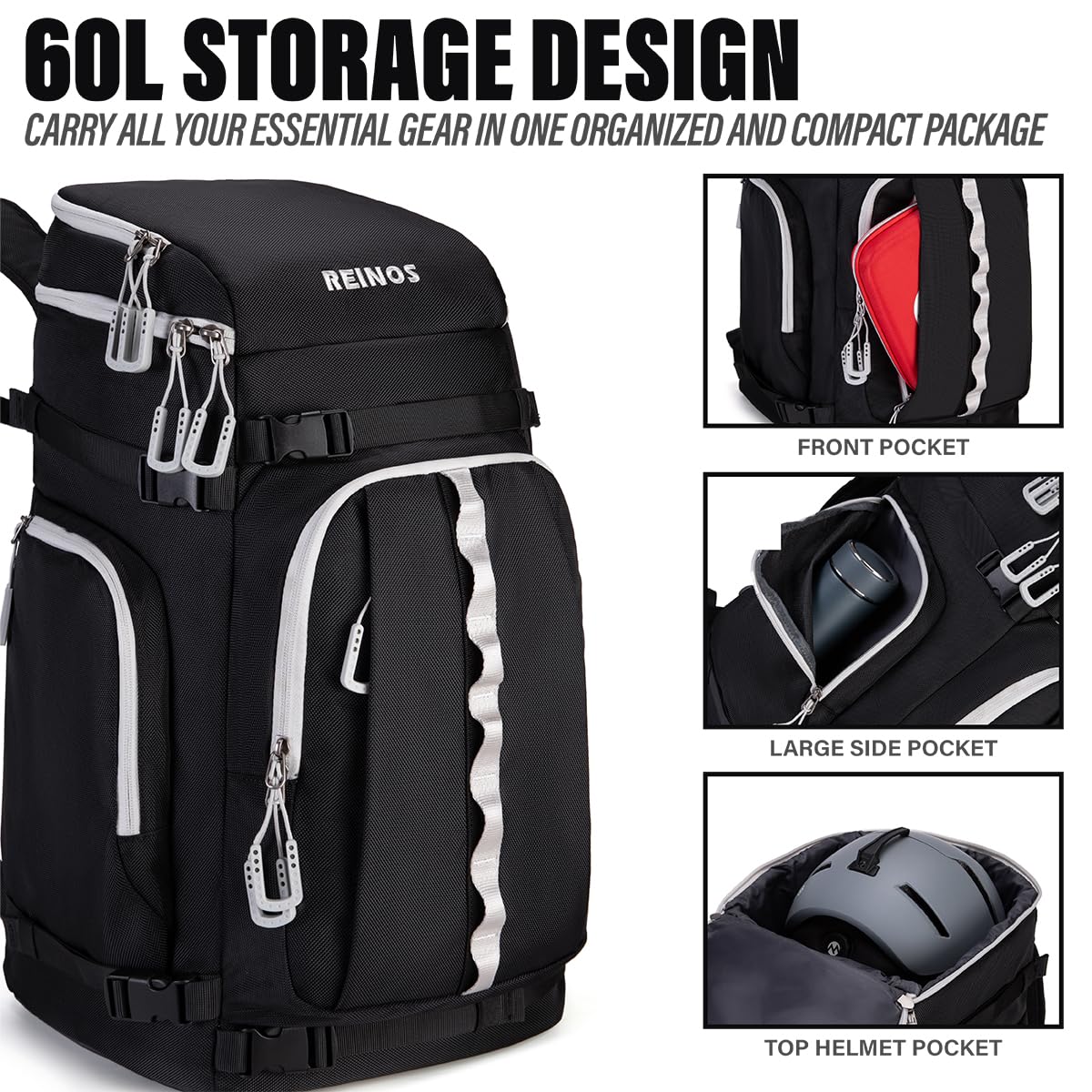 Durable 60L Ski Boot Backpack - Water-Resistant Snow Gear Bag for Boots & Helmet | Travel & Snowboarding