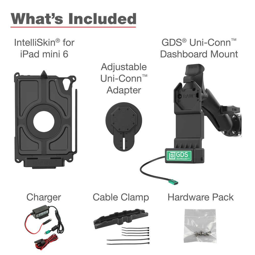 GDS® Uni Conn™ Vehicle Mount Bundle for Apple iPad Mini (A17 Pro) & iPad Mini 6 - Universal Car Holder Kit (RAM GDS U1 AP36 KIT1) - Perfect for Road Trips, GPS Navigation & Hands-Free Entertainment