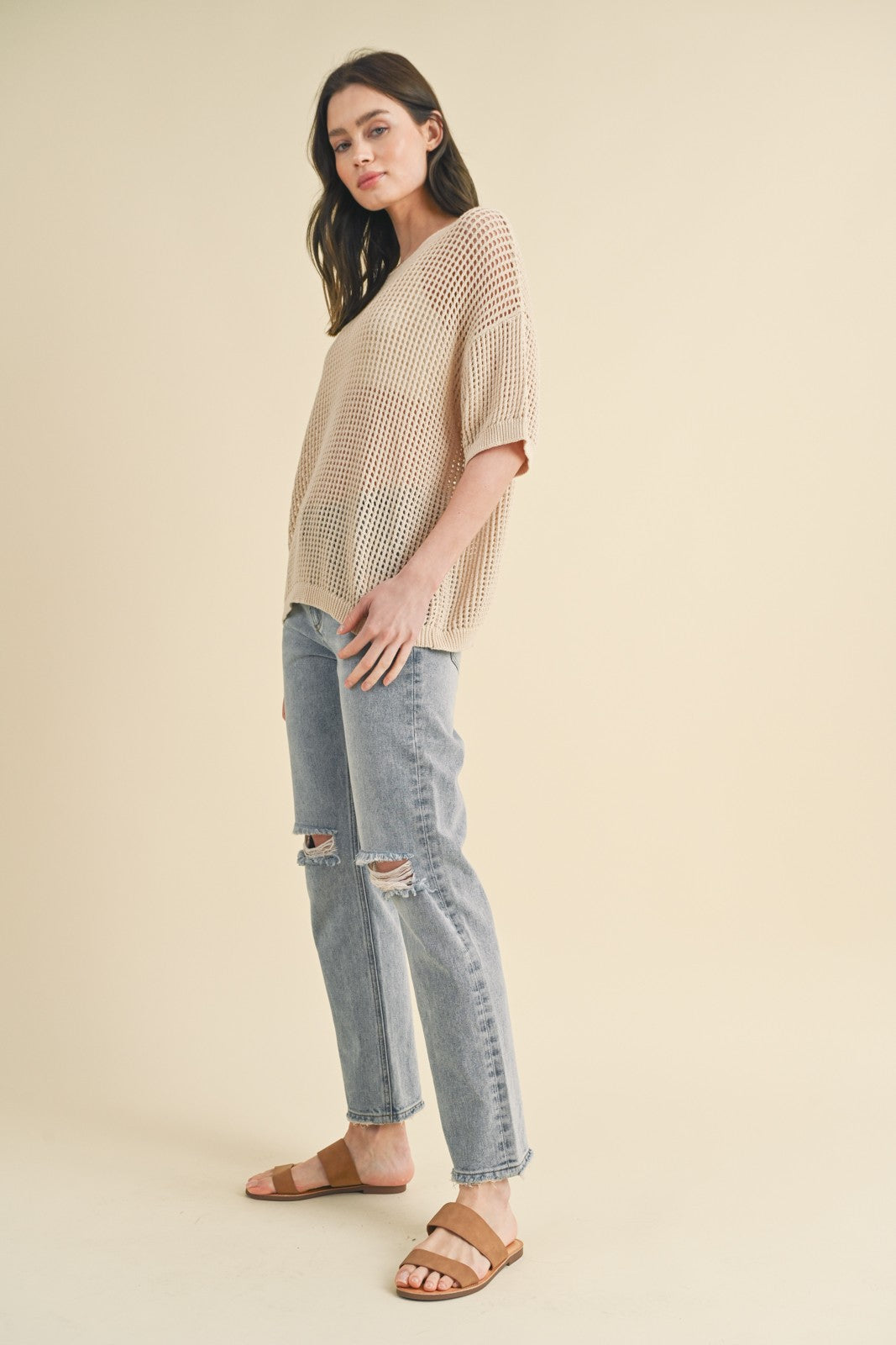 Women's Beige Open Knit Sweater Top - Lightweight Loose Fit Cardigan for Fall & Winter - Perfect for Casual Outfits, Layering and Office Wear