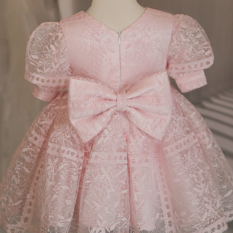 Pink Princess Lace Flower Girl Dress with V Neck and Lantern Sleeves - Elegant Flower Girl Outfit for Weddings, Baptisms & Special Occasions