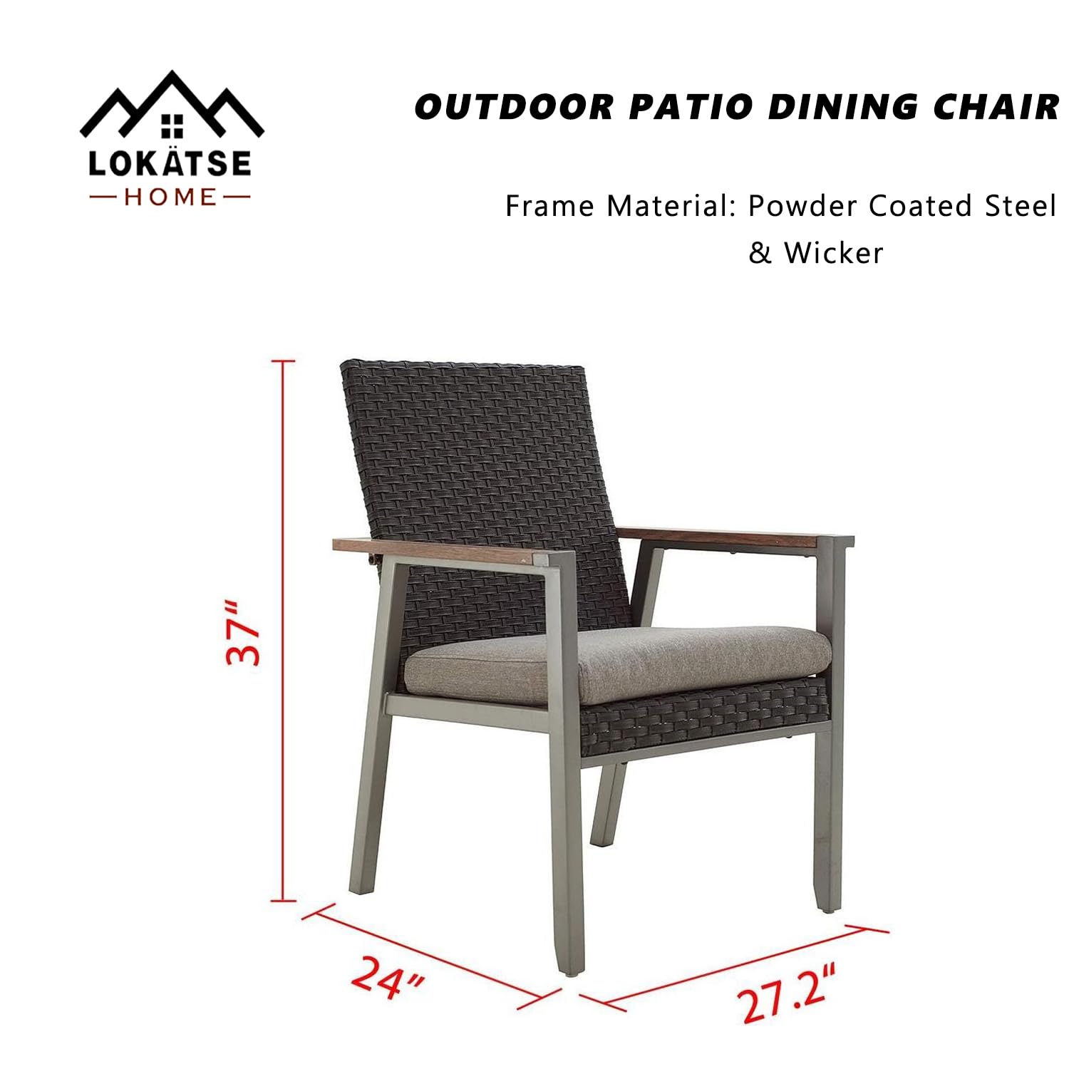 LOKATSE HOME 2-Piece Gray Outdoor Wicker Dining Chair Set - Patio Rattan Furniture with Cushions, Weather-Resistant Metal Armchairs for Garden, Poolside, and Backyard Relaxation