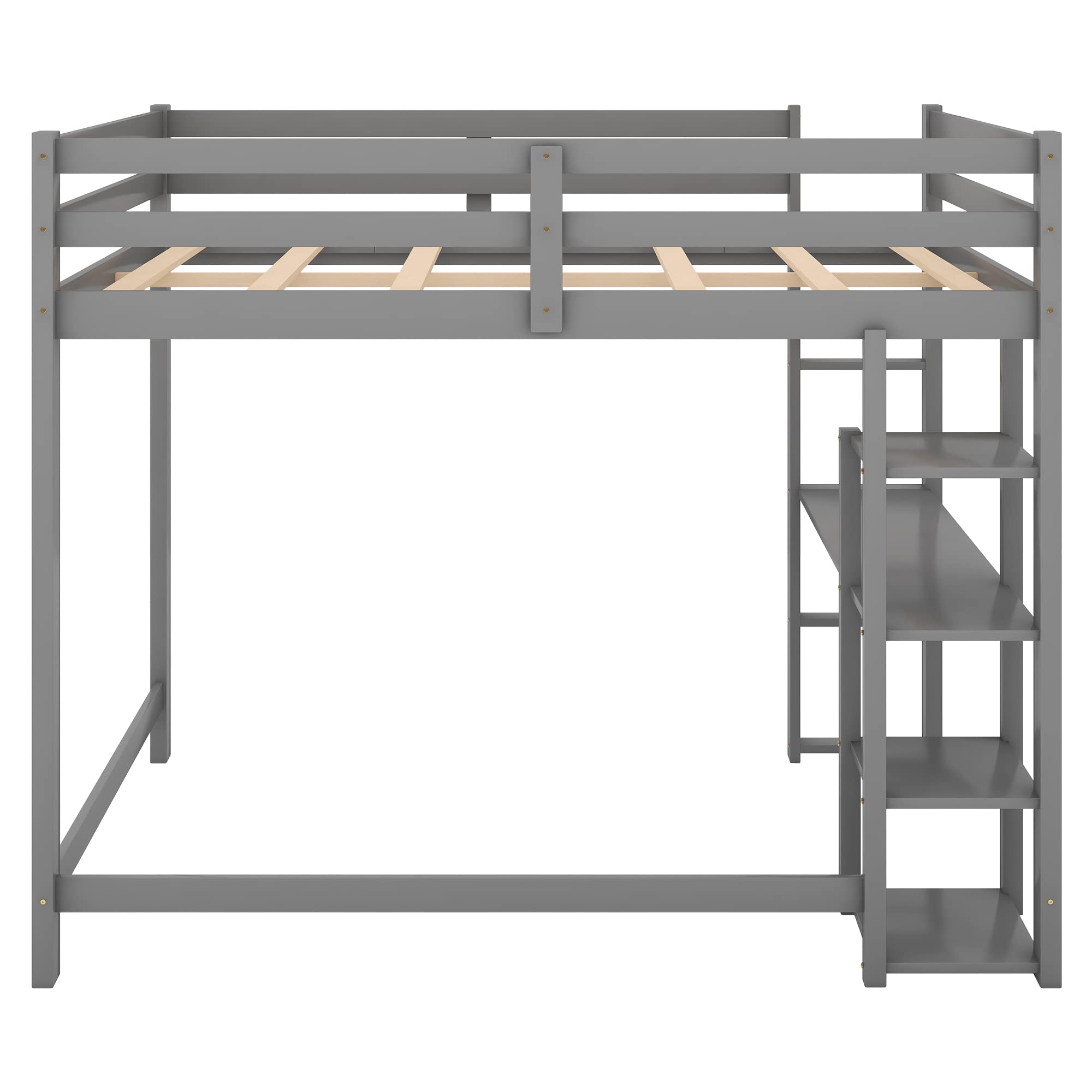 SOFTSEA Full Size Loft Bed with Storage Shelves & Under Bed Desk - Solid Wood Space Saving Bed Frame for Kids, Teens & Juniors - Grey - Perfect for Small Bedrooms, Dorm Rooms & Studio Apartments