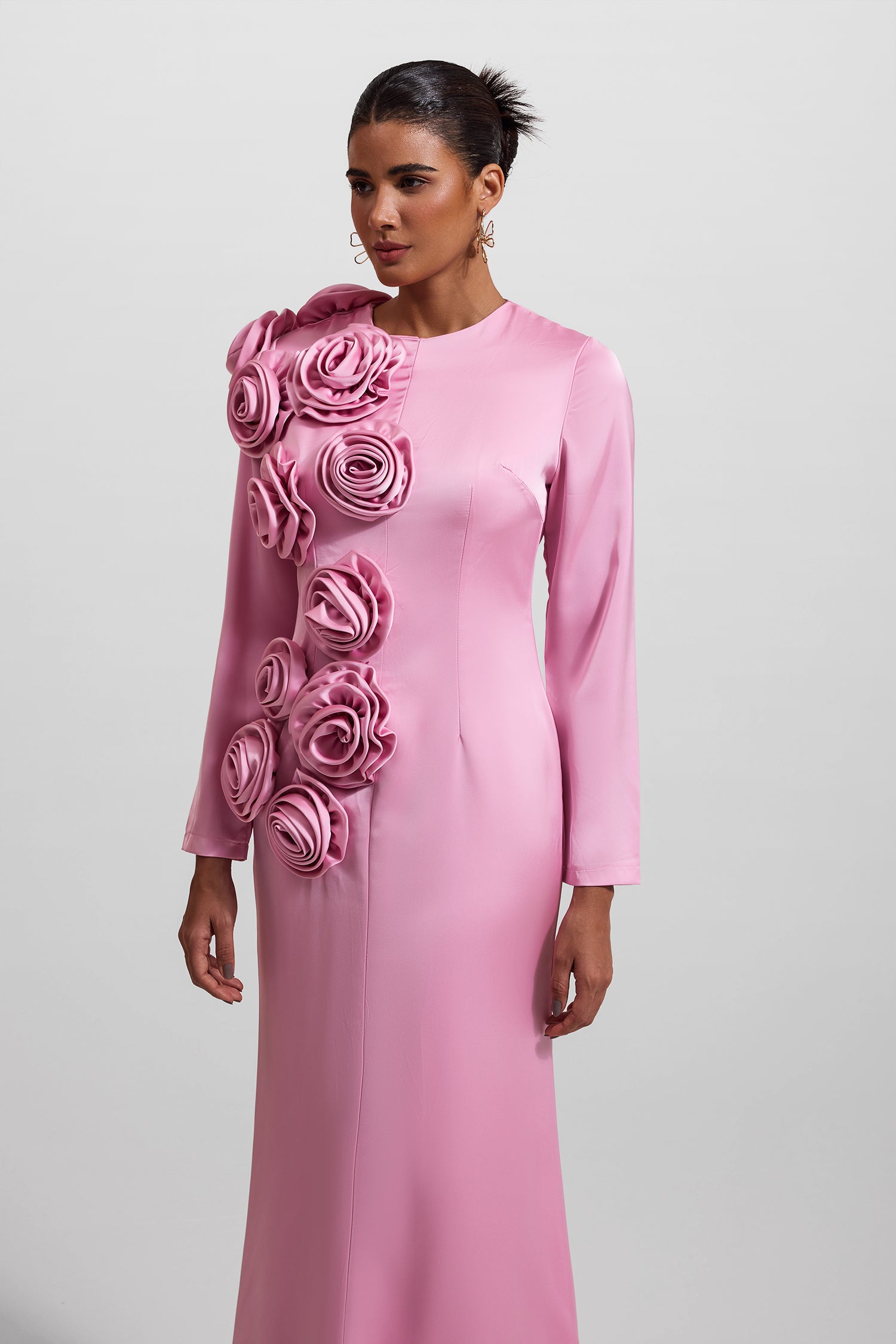 Elegant 3D Floral Print Satin Long Sleeve Midi Dress for Women - Perfect for Weddings, Parties & Special Occasions