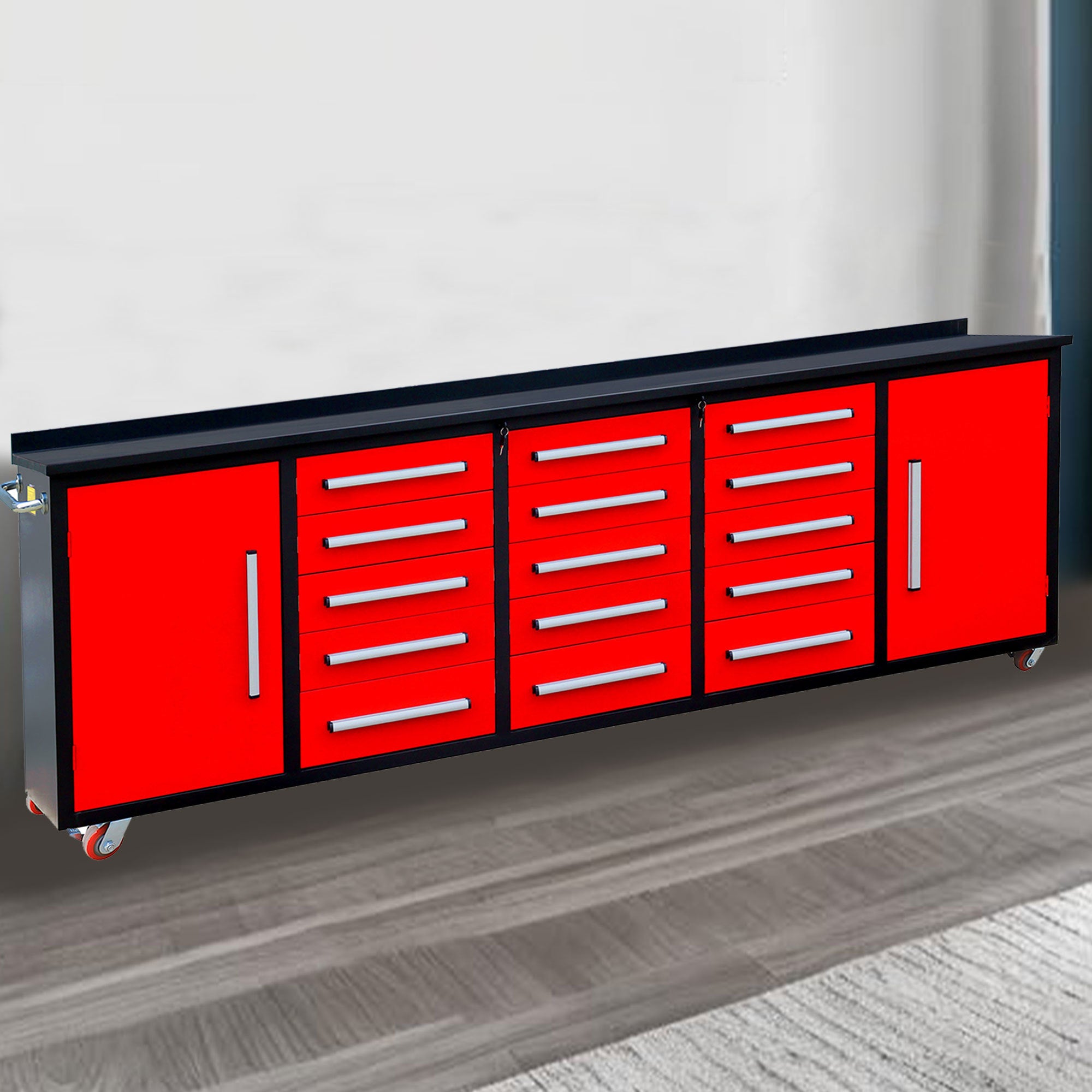 10ft Heavy Duty Storage Cabinet with Work Bench - 15 Drawers & 2 Cabinets, Red - Perfect for Garage Organization, Workshop Storage & Home Office Furniture