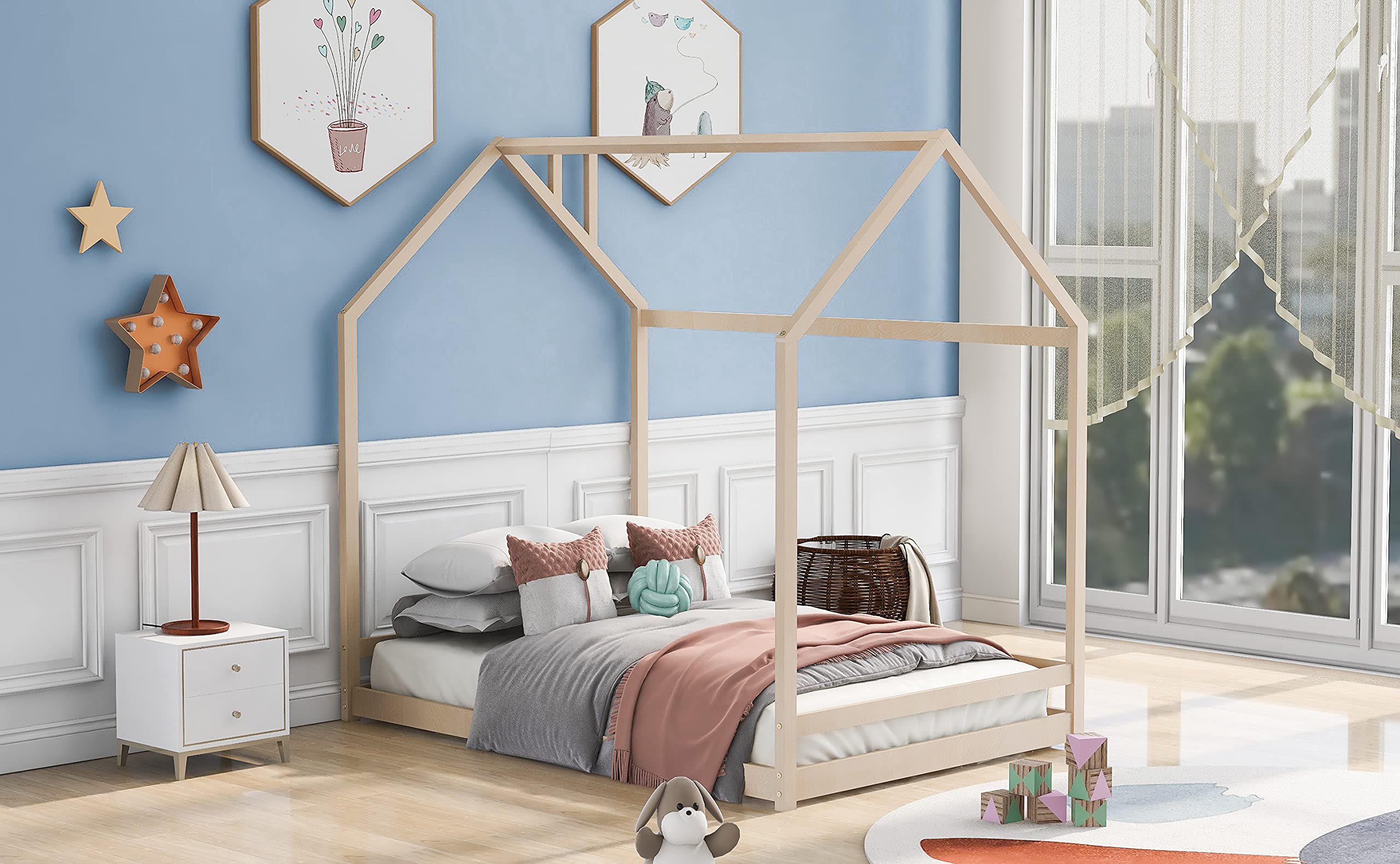**AOCOROE Full Size Wooden House Bed Frame for Kids - Playhouse Design with Canopy & Tent, Low Floor Height, Natural Finish - Perfect for Boys & Girls Bedroom, Playroom, or Nursery**