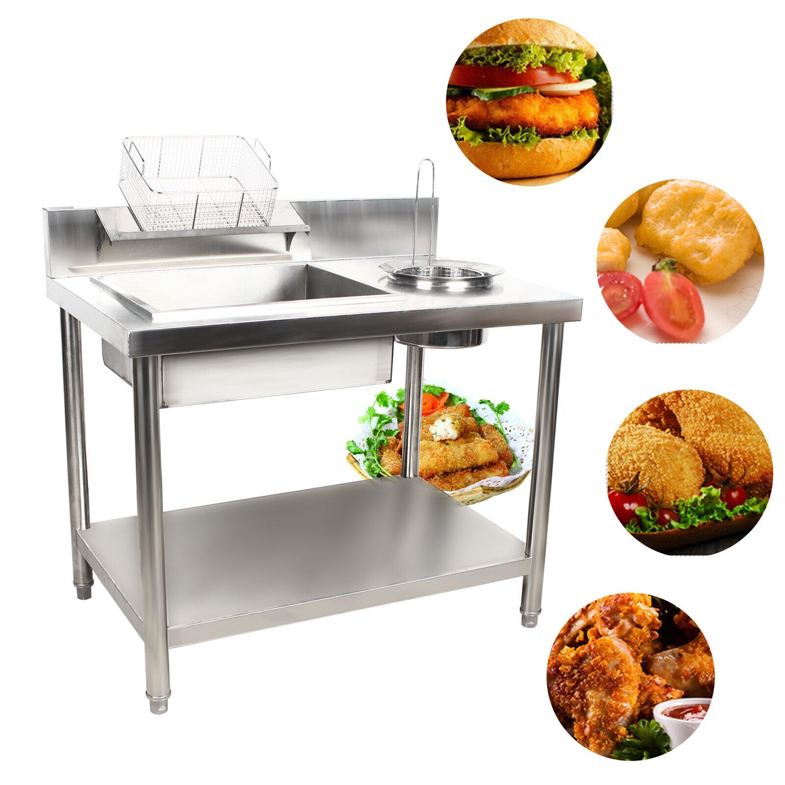 Commercial Stainless Steel Breading Table for Fried Food Preparation - Heavy Duty Restaurant Kitchen Station with Containers & Baskets - Perfect for Chicken, Fish, and Seafood Breading in Restaurants, Food Trucks, and Catering Businesses