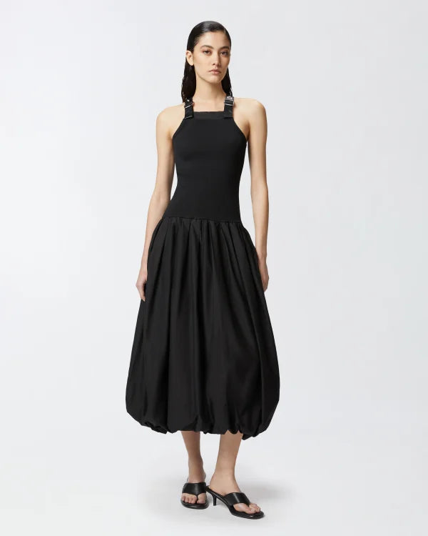 Elegant Black Balloon Skirt Midi Dress for Women - Perfect for Parties, Weddings & Special Occasions