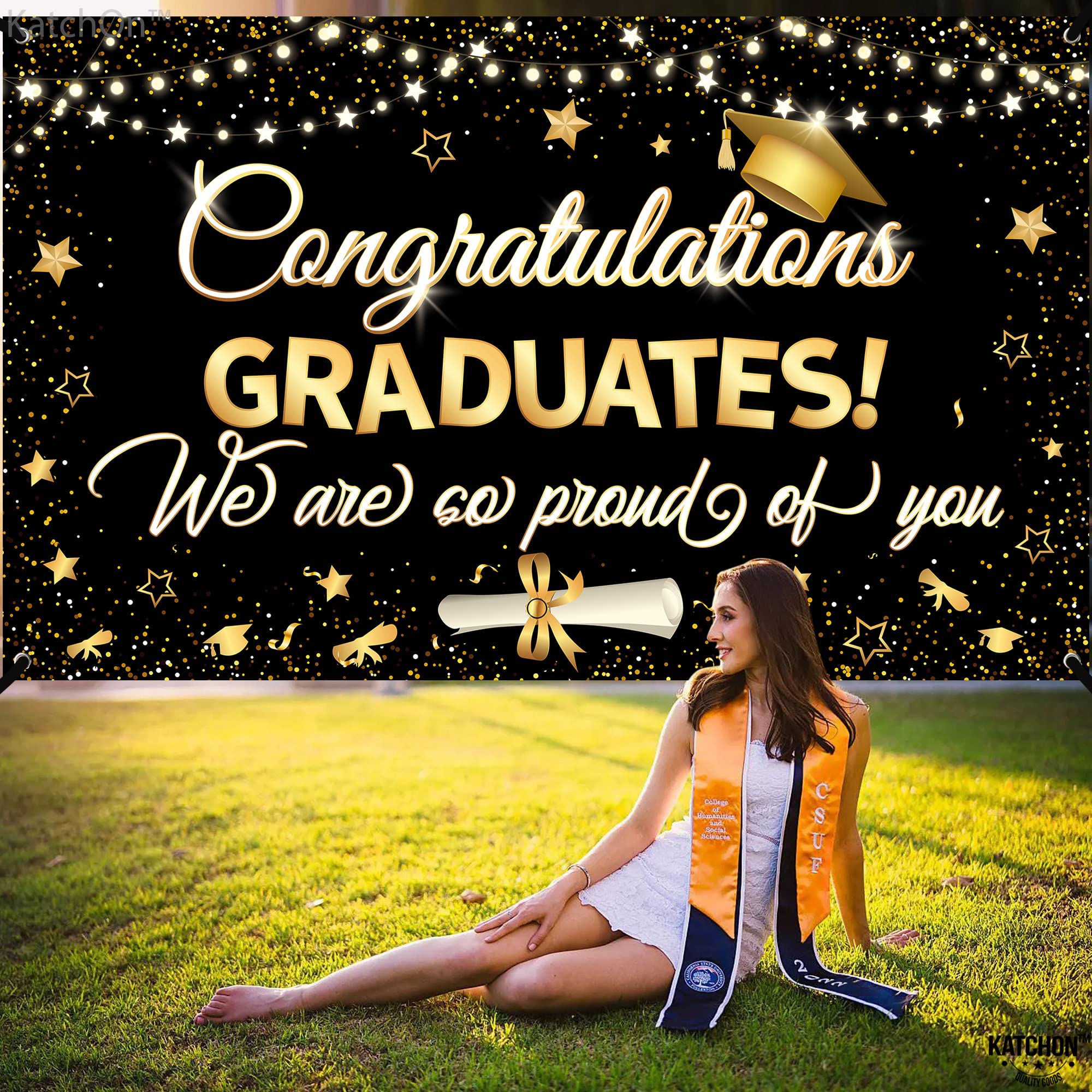 KatchOn 2025 Graduation Banner - 72x44 Inch Large Black & Gold Backdrop for Graduation Party Decor | Class of 2025 Congratulations Sign | Perfect for Graduation Ceremony, Photo Booth & Home Decor