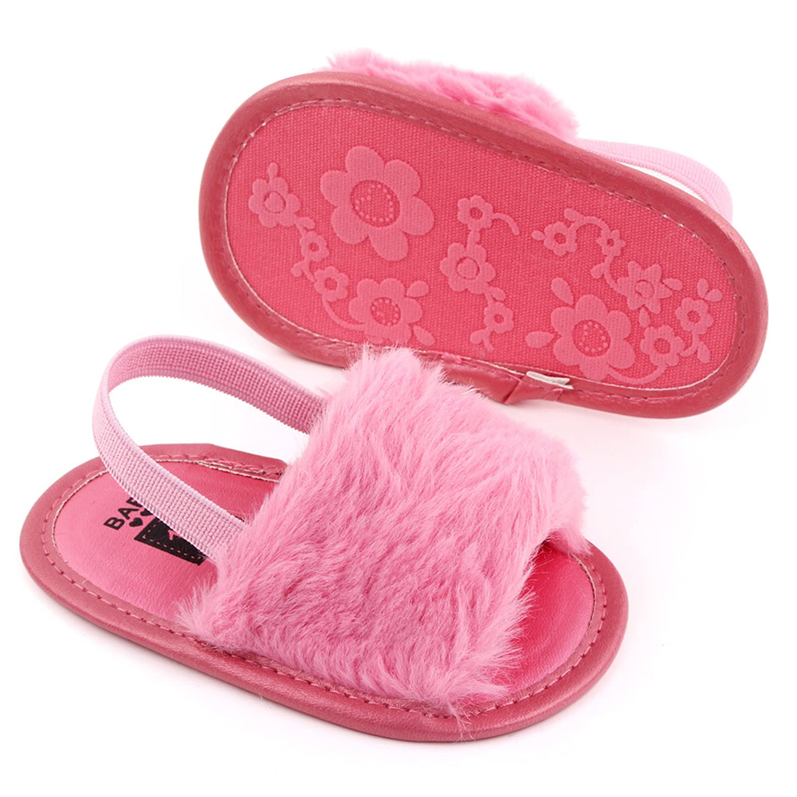 2 Pack Baby Girls Sandals - Soft Elastic Back Strap Flats with Faux Fur, First Walker Slippers for Toddlers - Perfect for Indoor Play, Princess Dress Up & Comfortable House Shoes