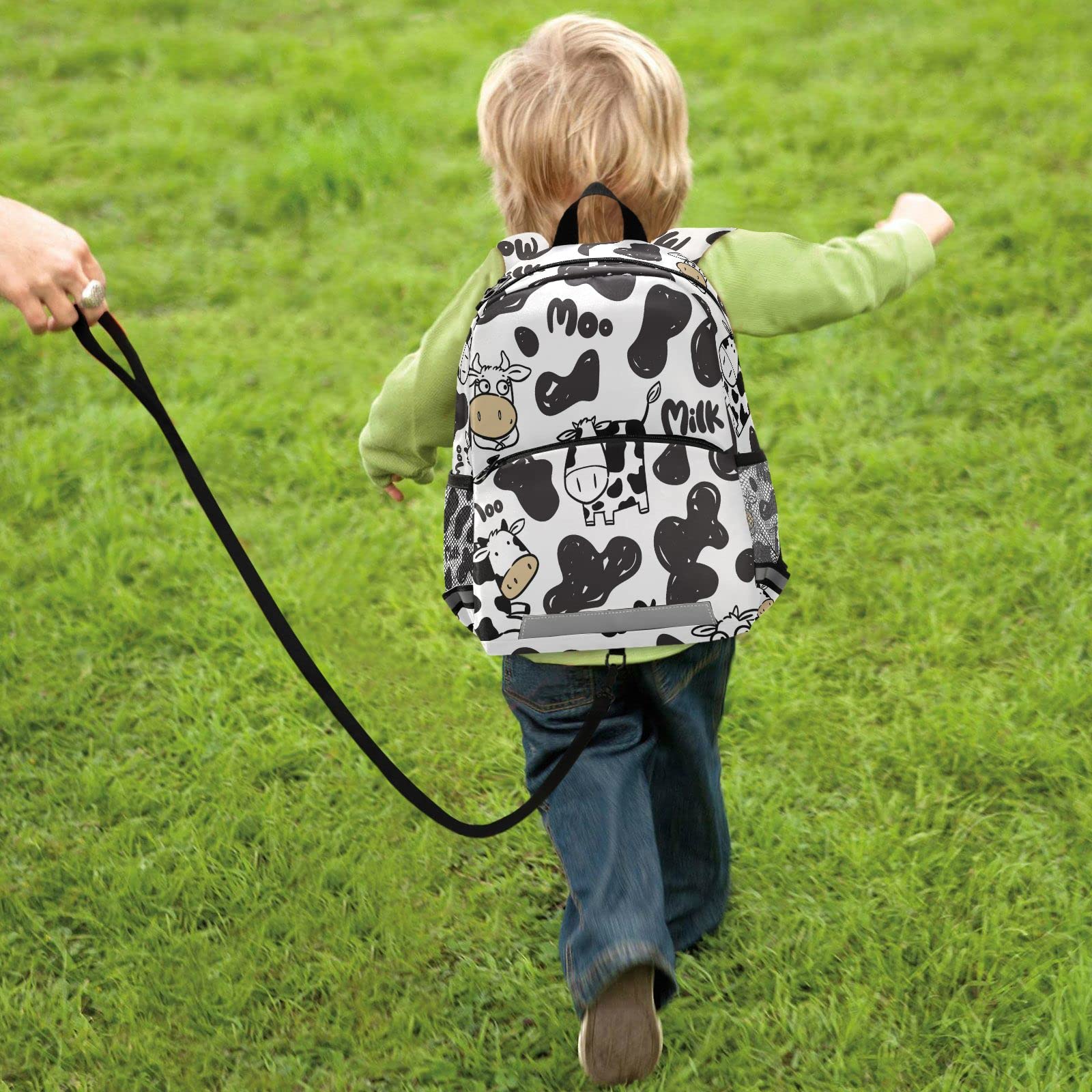 QUGRL Black & White Cow Print Kids Toddler Backpack with Adjustable Leash Harness - Cute Milk Themed Kindergarten School Bag for Preschool Boys & Girls Ages 3-8 - Perfect for Daycare, Travel & Outdoor Adventures