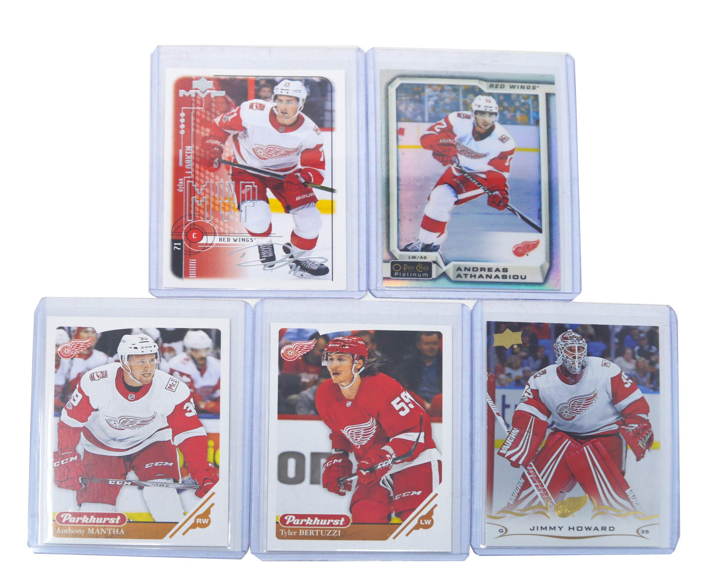 Detroit Red Wings Hockey Trading Cards Bundle - Dylan Larkin, Robby Fabbri, Anthony Mantha, Tyler Bertuzzi & Jonathan Bernier Collectible Cards with Wristbands - Perfect for NHL Fans, Collectors and Game Day Gifts