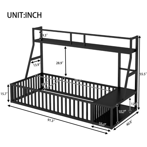 Kids Floor Bed with Safety Fence - Twin Size Metal Loft Bed with Built-in Desk & Storage Shelves for Children's Room - Black - Perfect for Small Spaces & Montessori Bedrooms