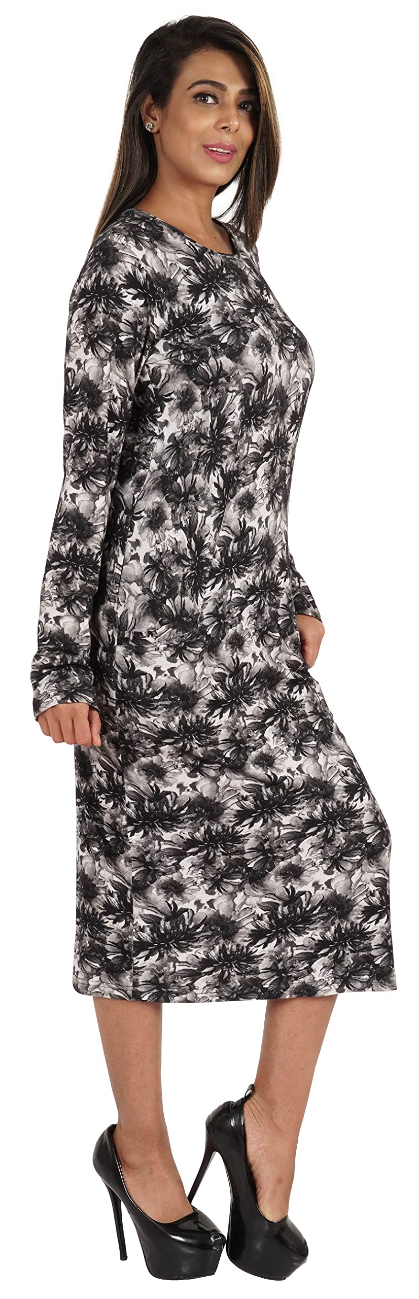 Bimba Women's Printed Long Bodycon Dress with Pockets - Full Sleeve Midi Dress for Casual Wear, Party & Office Outfits
