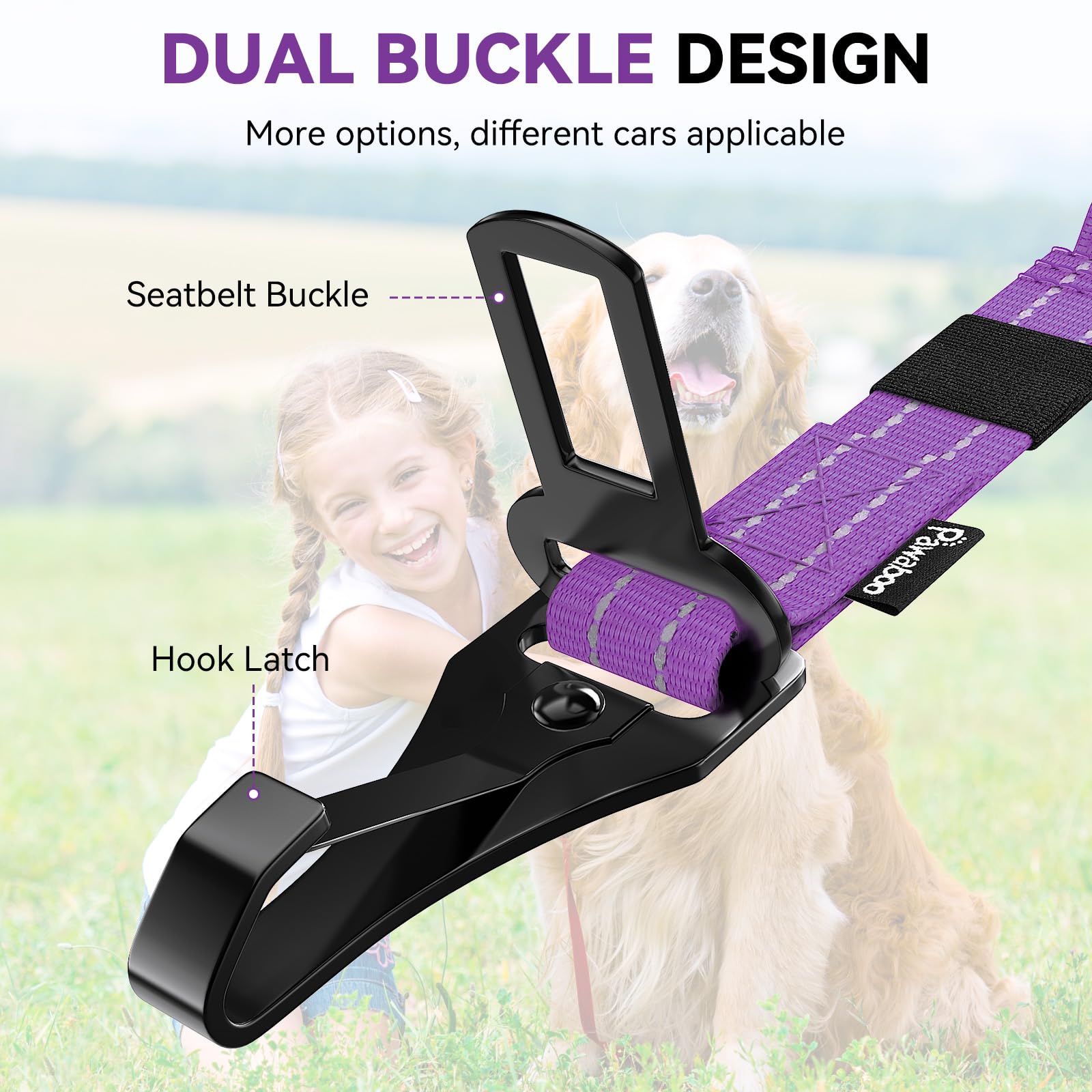 Pawaboo 2-Pack Adjustable Reflective Dog Car Seat Belt with Shockproof Bungee, 360° Lockable Buckle & Hook Latch - Purple | Safe Pet Travel Harness for Cars, SUVs & Road Trips | Perfect for Small to Medium Dogs