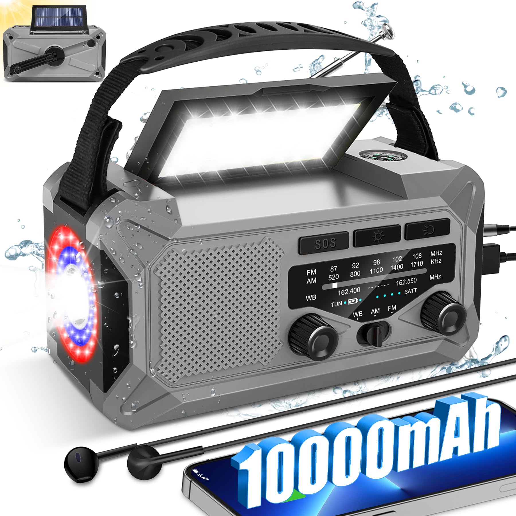 10000mAh Solar Emergency Weather Radio - Portable AM/FM/NOAA Radio with Hand Crank, LED Flashlight, Reading Lamp, Compass & Phone Charger - Perfect for Outdoor Camping, Hiking & Emergency Preparedness (Grey)
