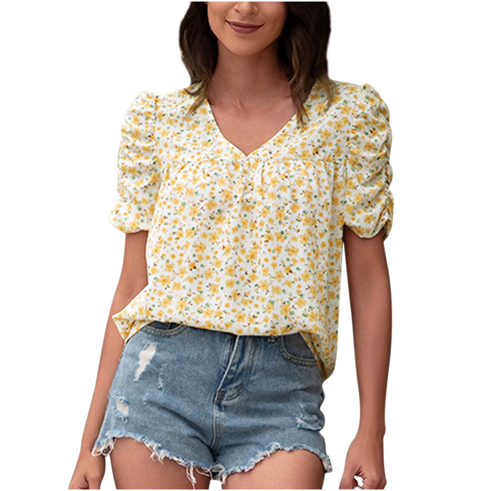 HRAPDA Women's Cute Summer Puff Sleeve Tops - Trendy Short Sleeve V-Neck Blouse with Floral Print for Casual Outfits & Boho Style | Perfect for Beach Outings, Date Nights & Weekend Brunch