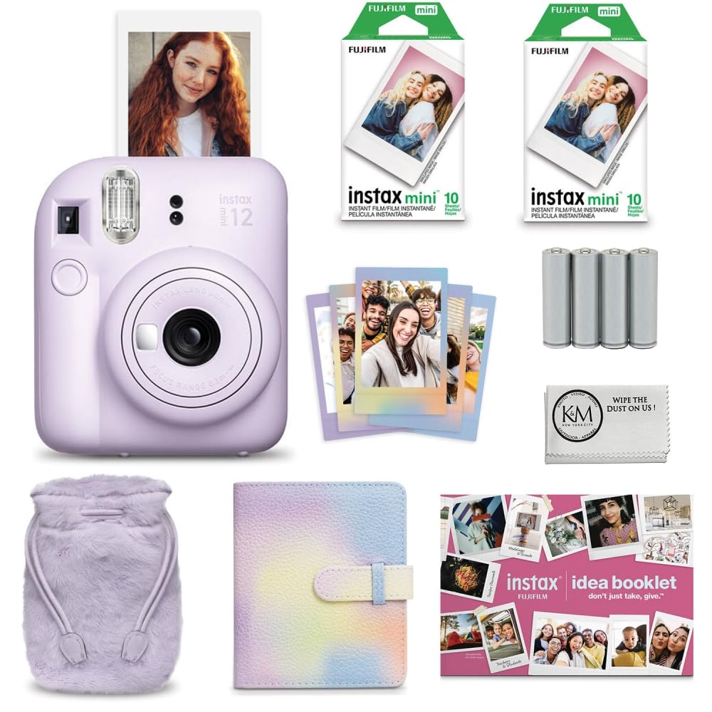 Fujifilm INSTAX MINI 12 Instant Camera Bundle (Lilac Purple) with 10-Exposure Film, AA Batteries & Cleaning Cloth - Perfect for Travel, Parties & Holiday Memories
