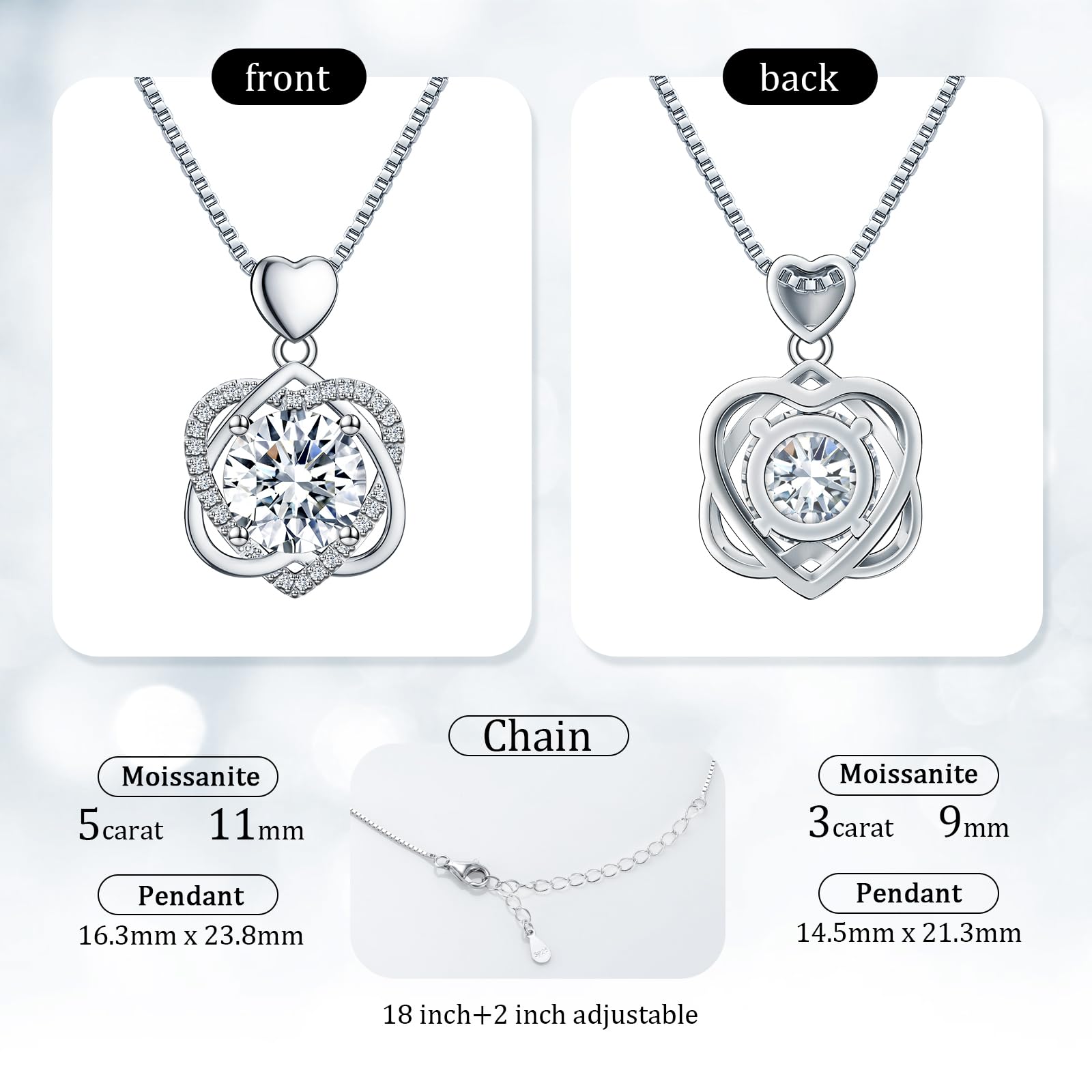 InfinityLove 5 or 3 Carat Moissanite Heart Necklace for Women - Sterling Silver Pendant Jewelry - Perfect Anniversary, Birthday Gift for Wife, Girlfriend, Daughter & Mom - Ideal for Valentine's Day, Date Nights & Special Occasions