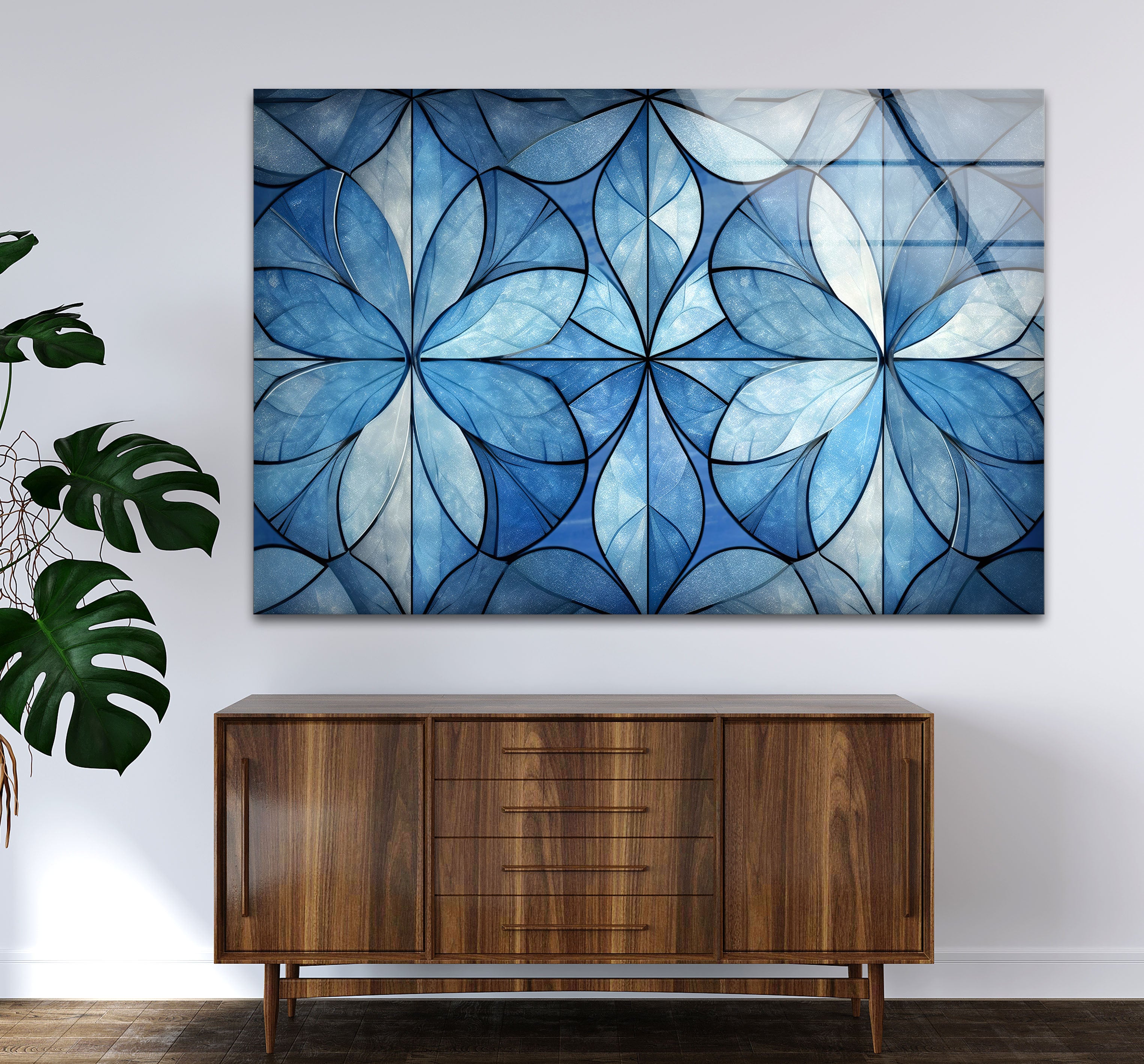 Blue Floral Geometric Wall Art - Modern Glass Panel with Elegant Petal Design for Home Decor, Living Room & Office