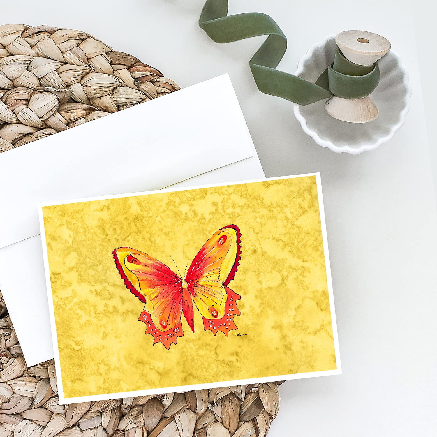 Butterfly on Yellow Greeting Cards and Envelopes - Pack of 8 Blank A7 Note Cards (5x7) for Birthdays, Thank You Notes & Special Occasions | Whimsical Design by Caroline's Treasures
