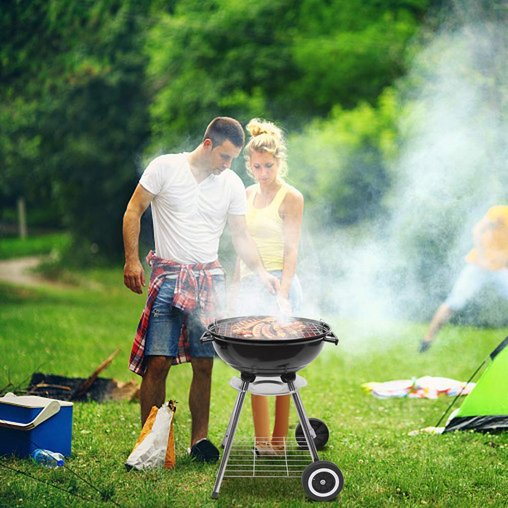 18 Inch Round Kettle Charcoal Grill - Portable Steel BBQ Oven with Wheels & Ash Catcher | Outdoor Backyard, Patio, Camping, Picnic & Party Barbecue Cooker | Perfect for Tailgating, Beach Cookouts and Family Gatherings