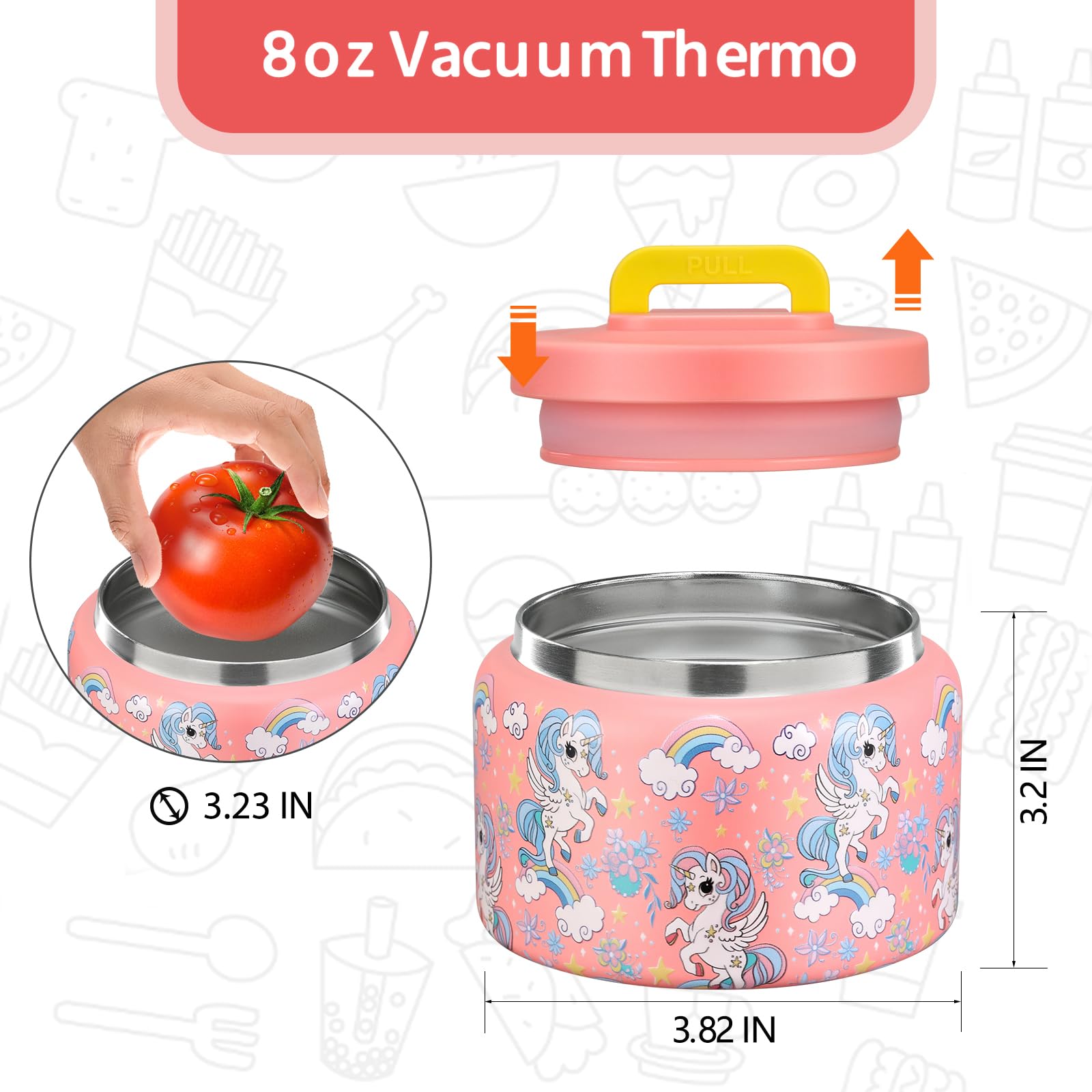 MAISON HUIS 8oz Stainless Steel Vacuum Insulated Food Thermos - Wide Mouth Leak Proof Soup Container for Hot & Cold Meals - Perfect for Kids Lunch, School, Travel & Outdoor Activities (Pink Rainbow)