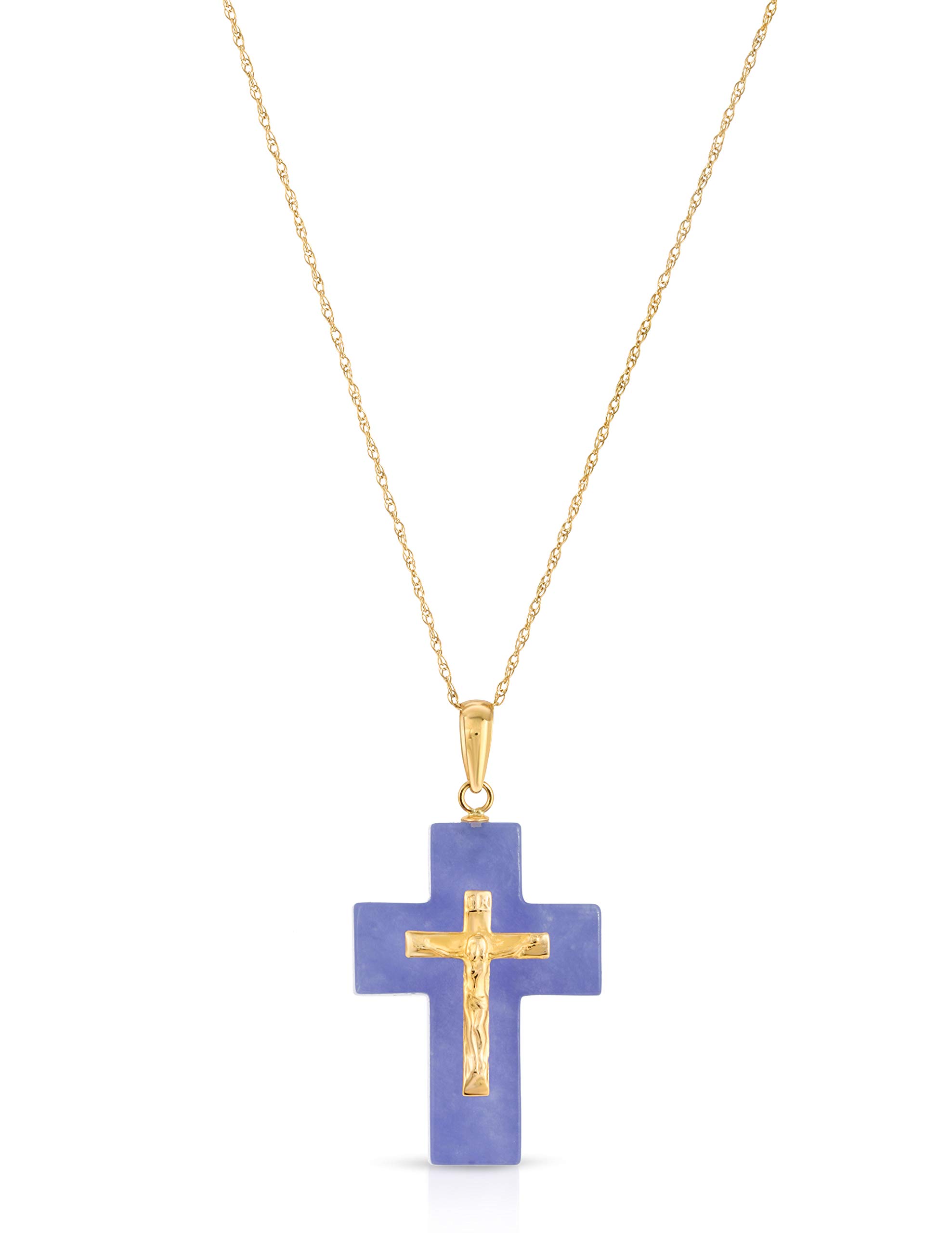 14K Yellow Gold Genuine Jade & Crucifix Cross Pendant Necklace - 17