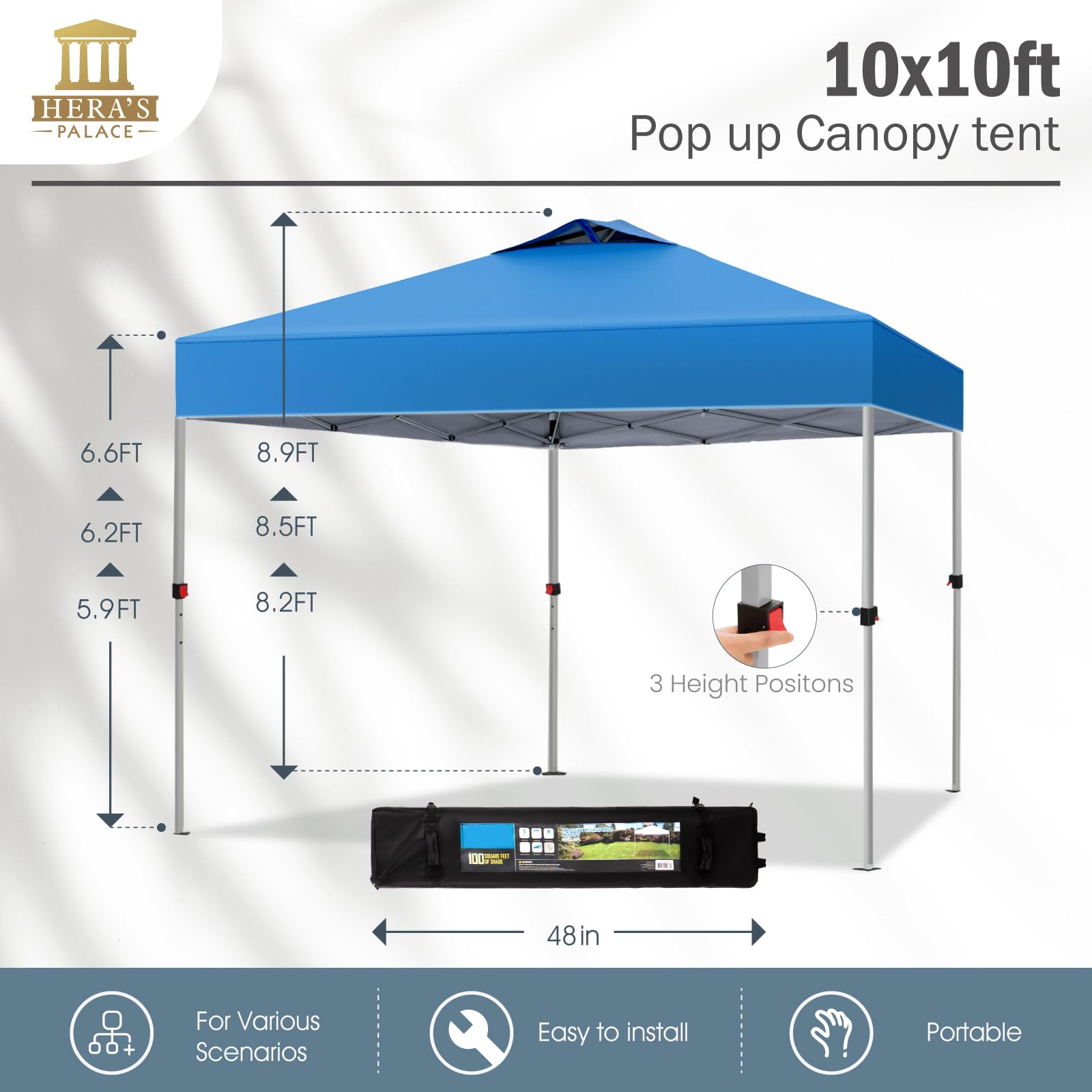 HERA'S PALACE 10x10 Pop Up Canopy Tent - Heavy Duty Outdoor Shade Shelter with Carry Bag - Easy Setup for Backyard, Garden, Patio, Picnics, Camping, and Outdoor Events