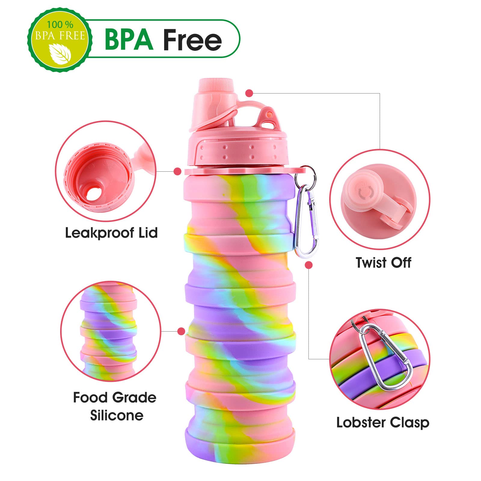 Foldable Silicone Water Bottle for Travel & Sports - Leak-Proof & Portable (Pink/Blue) - Perfect for Hiking, Camping & Gym