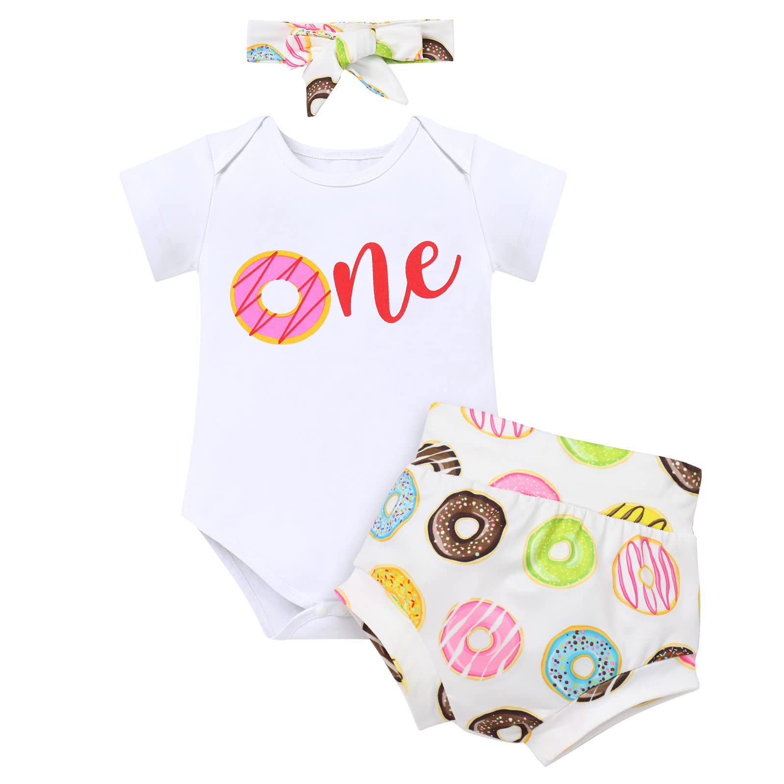 Adorable 1st Birthday Outfit for Girls - Donut-Themed Romper, Printed Shorts & Headband 3-Piece Set | Perfect for Cake Smash Photo Shoots & Milestone Celebrations