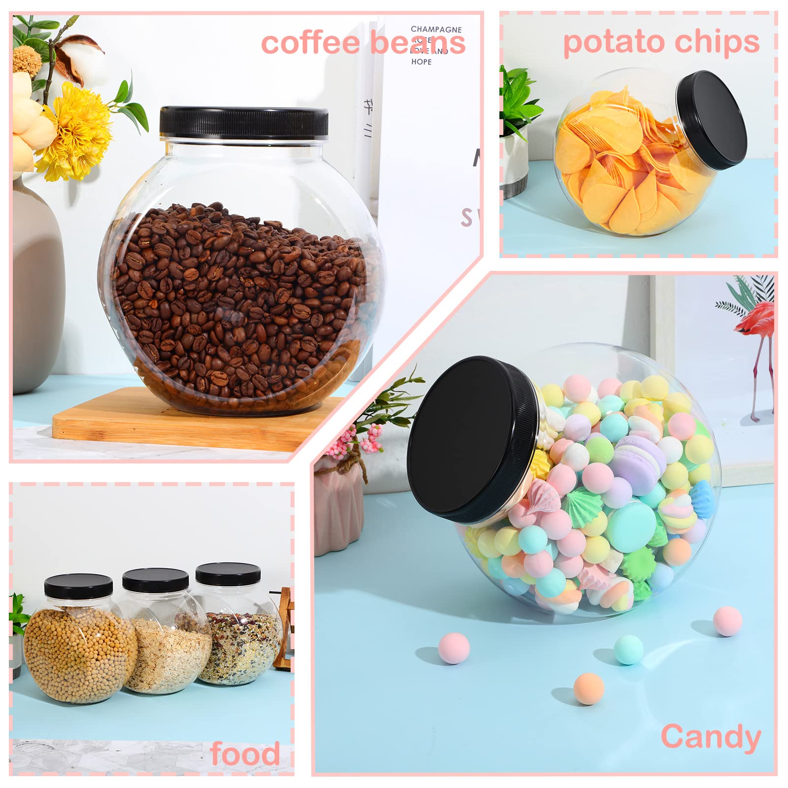 Sunnyray 6-Piece 85 oz Clear Plastic Candy Cookie Jar Set with Lids - Slanted Design for Candy Buffet, Party Table, Kitchen Counter & Home Office Storage | Airtight Containers for Cookies, Sweets & Snacks
