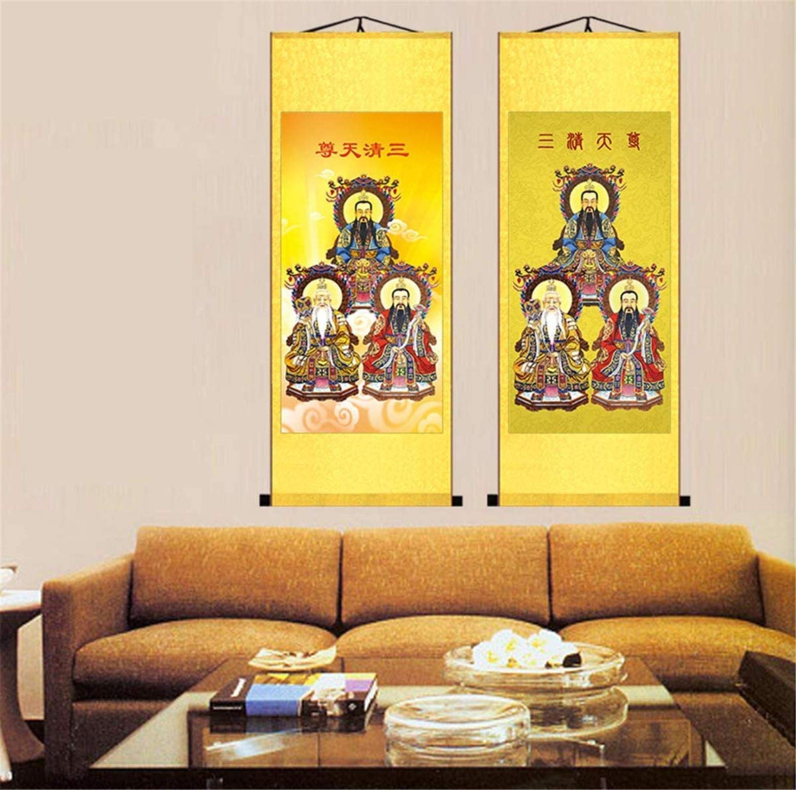 Authentic Chinese Taoist Landscape Scroll Painting - Handmade Silk Wall Art with Triple Purity Design, 12×31 Inch - Perfect for Home Decor, Meditation Rooms & Asian-Themed Interiors