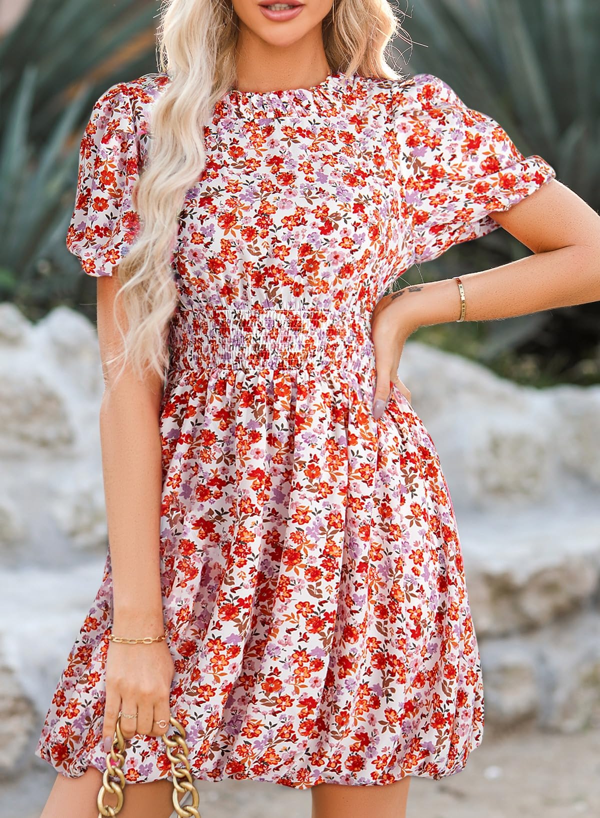 Dokotoo Women's Boho Floral Mini Dress - Crewneck, Puff Sleeve, Tie Back, Smocked Empire Waist - Perfect for Beach Vacations, Summer Outings & Boho Chic Style