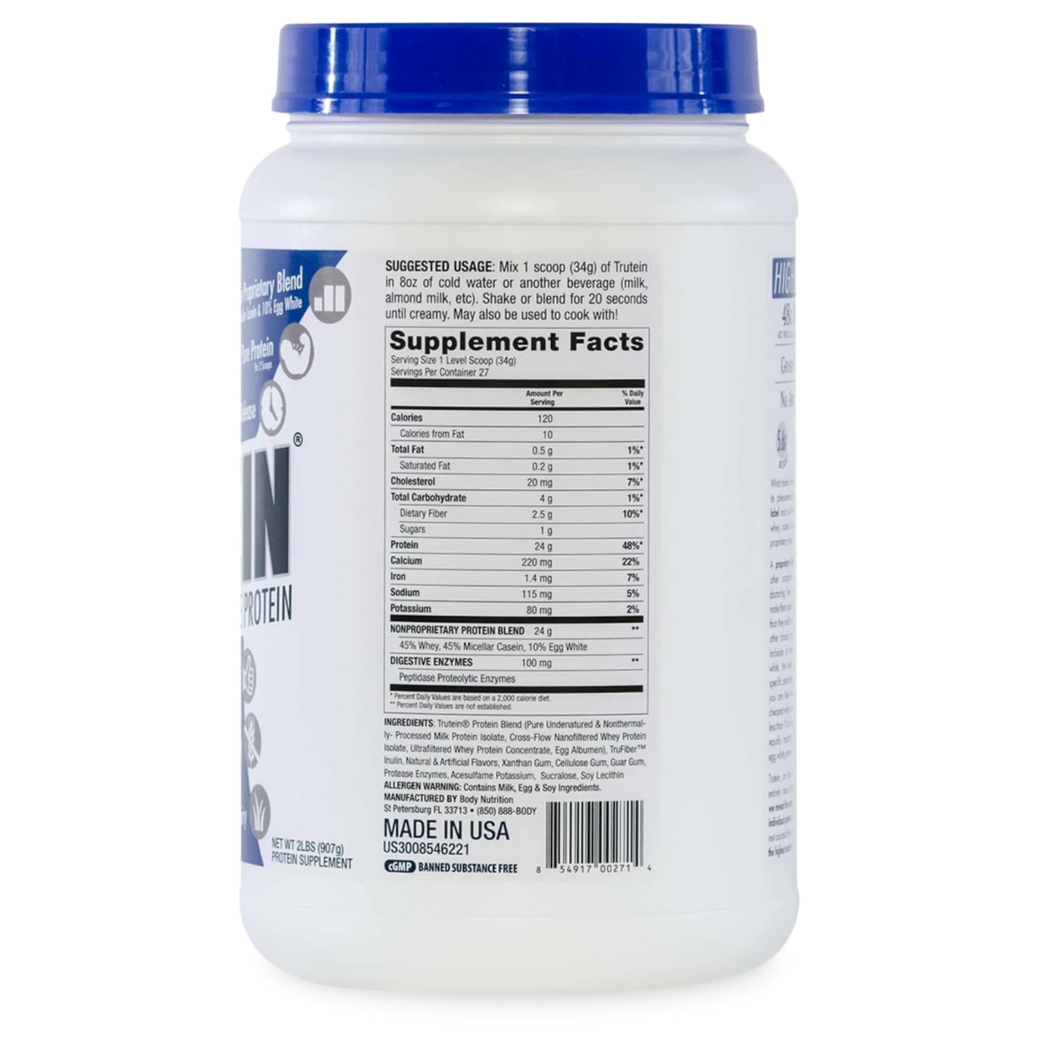 Trutein High Protein Powder - 45% Whey, 45% Casein, 10% Egg White Protein Shake Mix | Gluten-Free, Low Sodium, Low Carb Protein Supplement for Men & Women | Birthday Cake Flavor, 2lb | Perfect for Post-Workout Recovery & Muscle Growth
