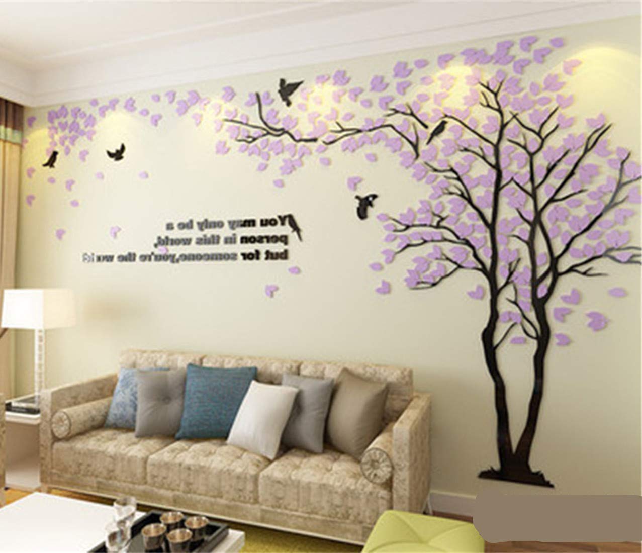 3D Tree Wall Stickers - DIY Tree and Birds Wall Decals for Living Room, Bedroom & TV Background - Large 158x79 Inch Peel and Stick Wall Mural - Perfect for Home Decor, Nursery, Kids Room (Purple Right)