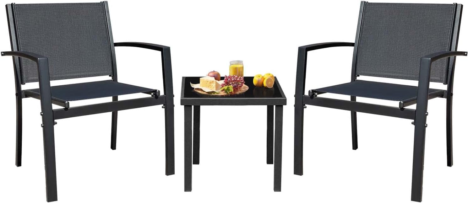 JUMMICO 3-Piece Outdoor Patio Furniture Set - Textilene Chairs & Coffee Table, Modern Bistro Conversation Set for Lawn, Garden, Balcony, Poolside, Porch (Black) | Perfect for Relaxing, Entertaining & Outdoor Dining