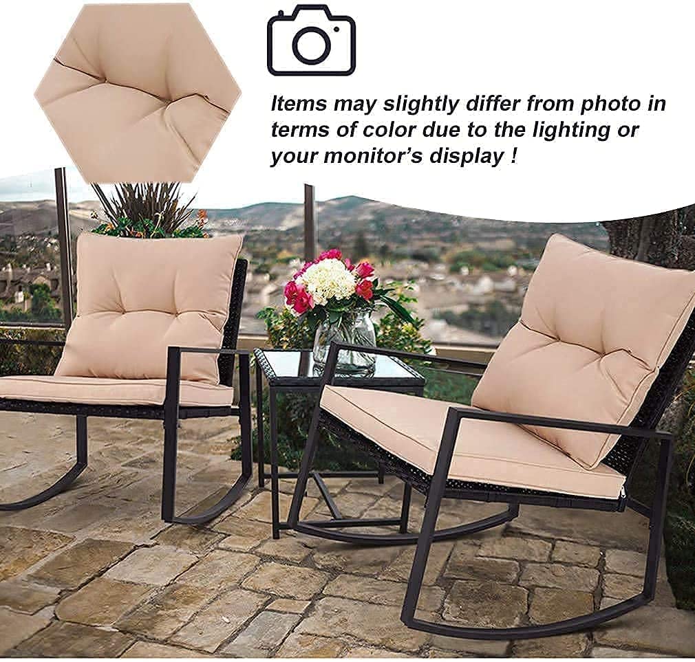 Best 3-Piece Outdoor Patio Furniture Set - PE Rattan Wicker Rocking Chairs with Glass Table - Perfect for Porch, Garden, Backyard & Poolside Relaxation