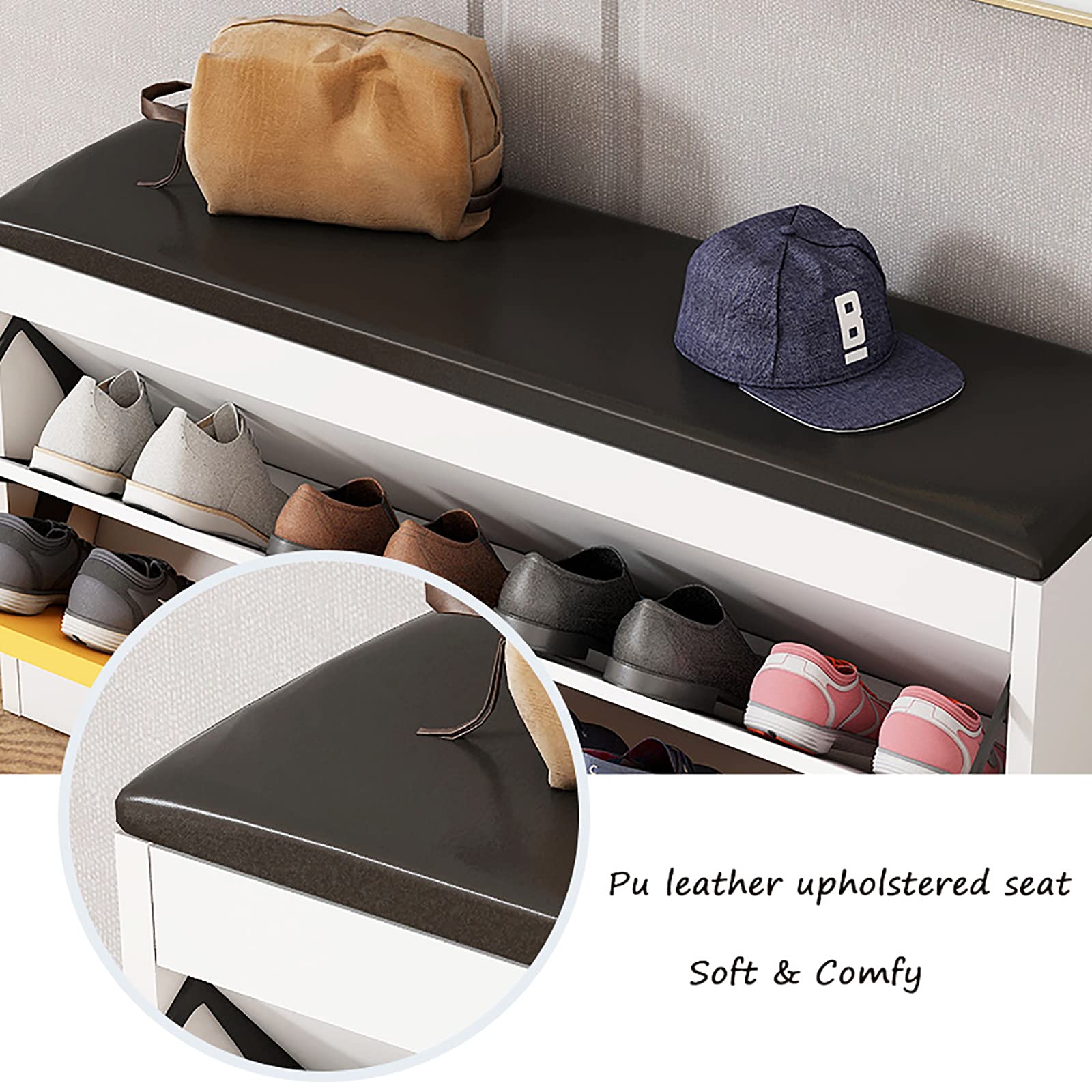 Modern Entryway Bench with Hidden Shoe Storage - PU Leather Shoe Cabinet & Changing Stool - 80x24x50cm (31x9x20inch) - Space-Saving Hallway Organizer for Shoes & Accessories - Perfect for Small Apartments & Entryways