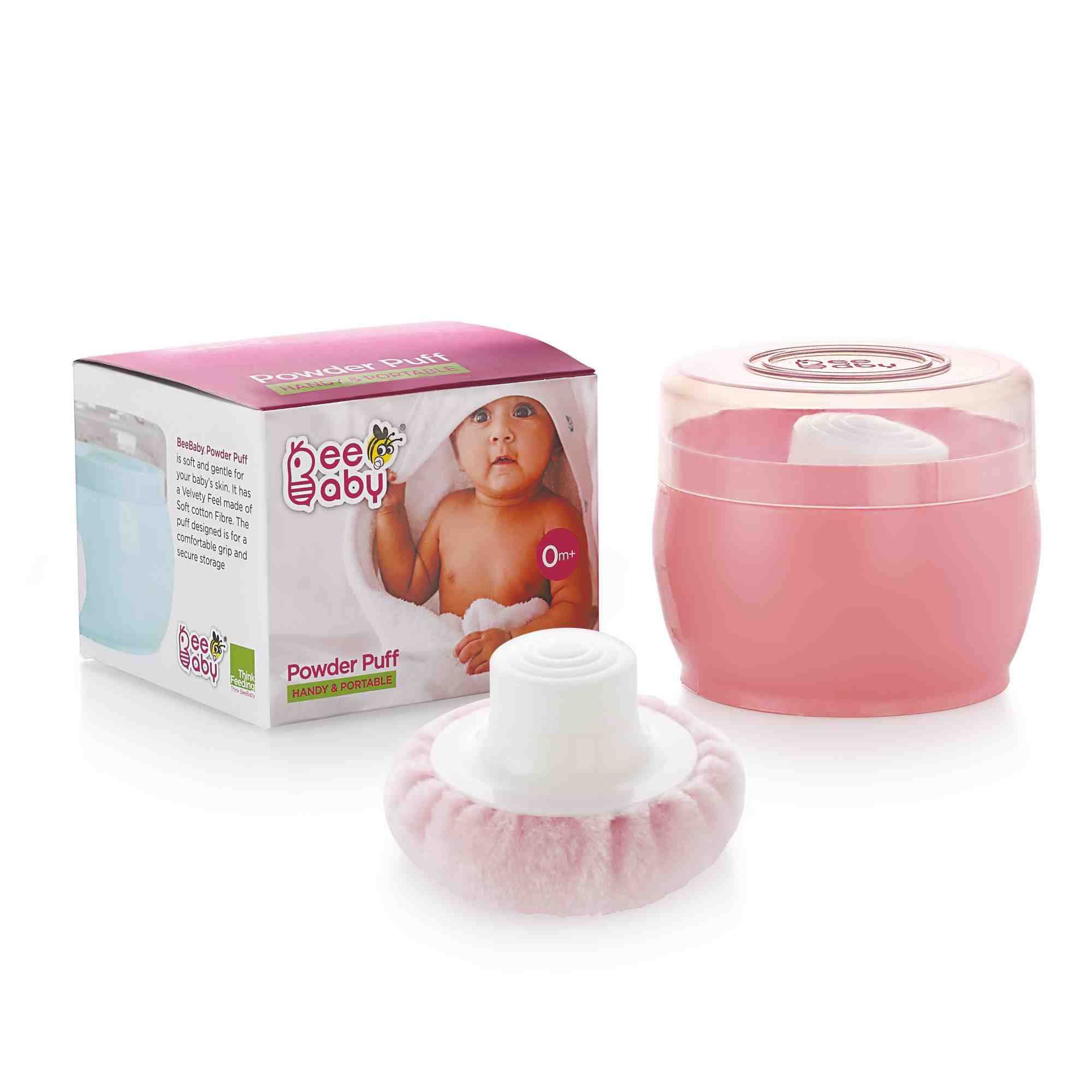 BeeBaby Premium Baby Powder Puff with Container - Soft & Gentle for Newborns & Infants (Pink, 1-Pack) | Ideal for Diaper Changes, Baby Care & On-the-Go Use