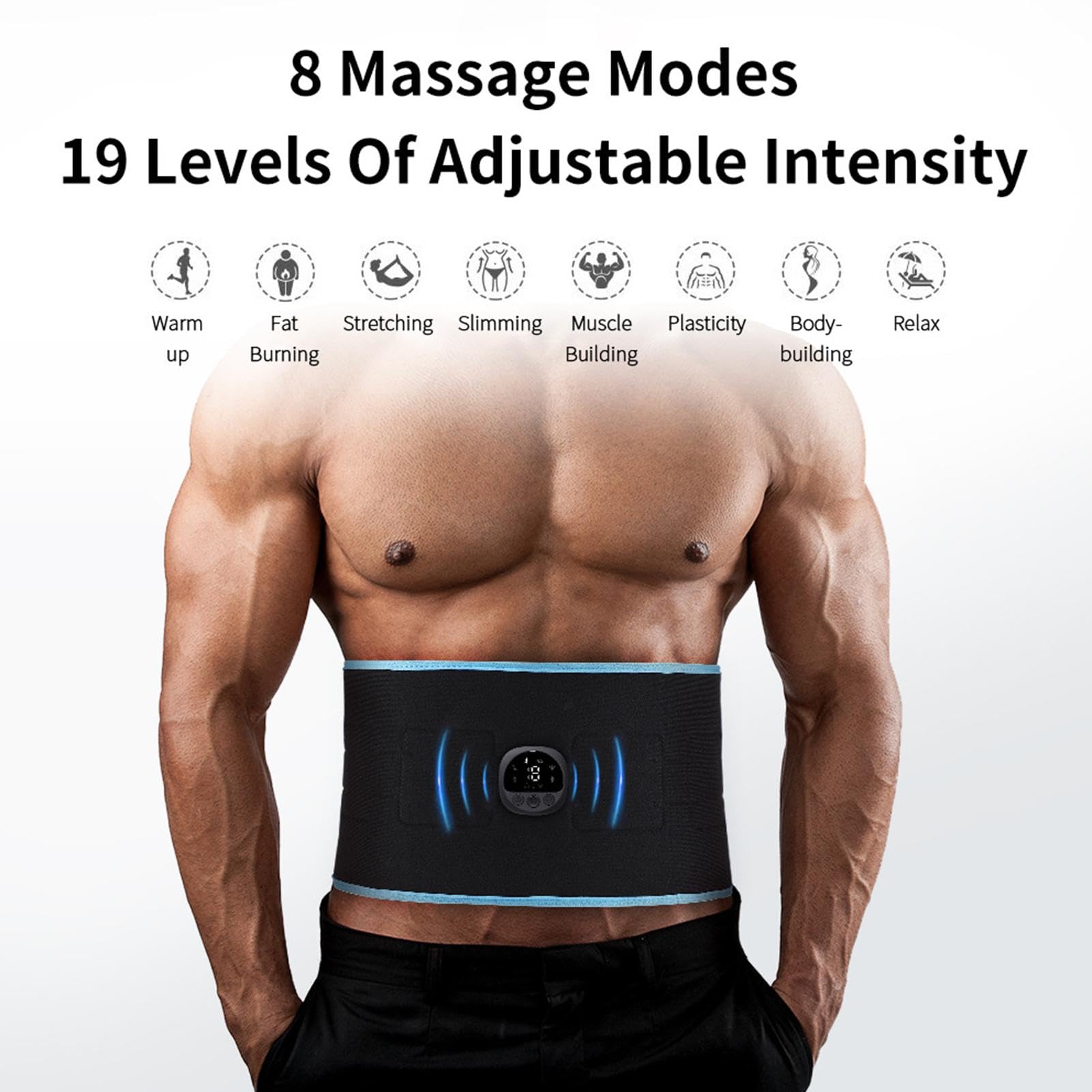 Electric Ab Stimulator Belt - 8 Modes & 19 Levels Abdominal Muscle Trainer with Silicone Conductive Pads & Timer, Toning EMS Workout Belt for Core Strength - Perfect for Home Gym, Postpartum Recovery & Fitness Enthusiasts