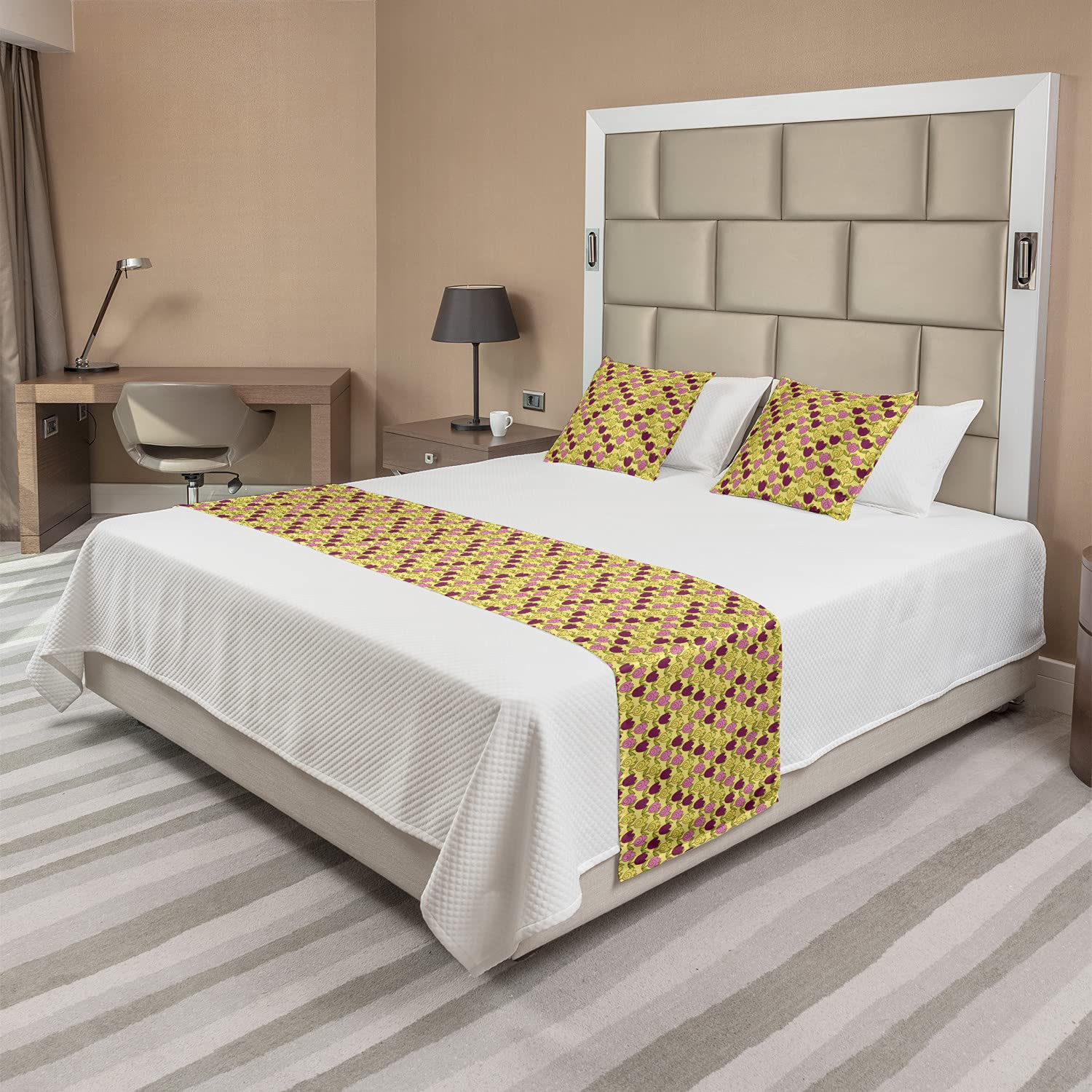 Ambesonne Floral Bed Runner Set with 2 Pillow Shams - Queen Size Colorful Tulips Botanical Design for Home & Hotel Decor | Perfect for Bedroom, Guest Room, and Wedding Decorations