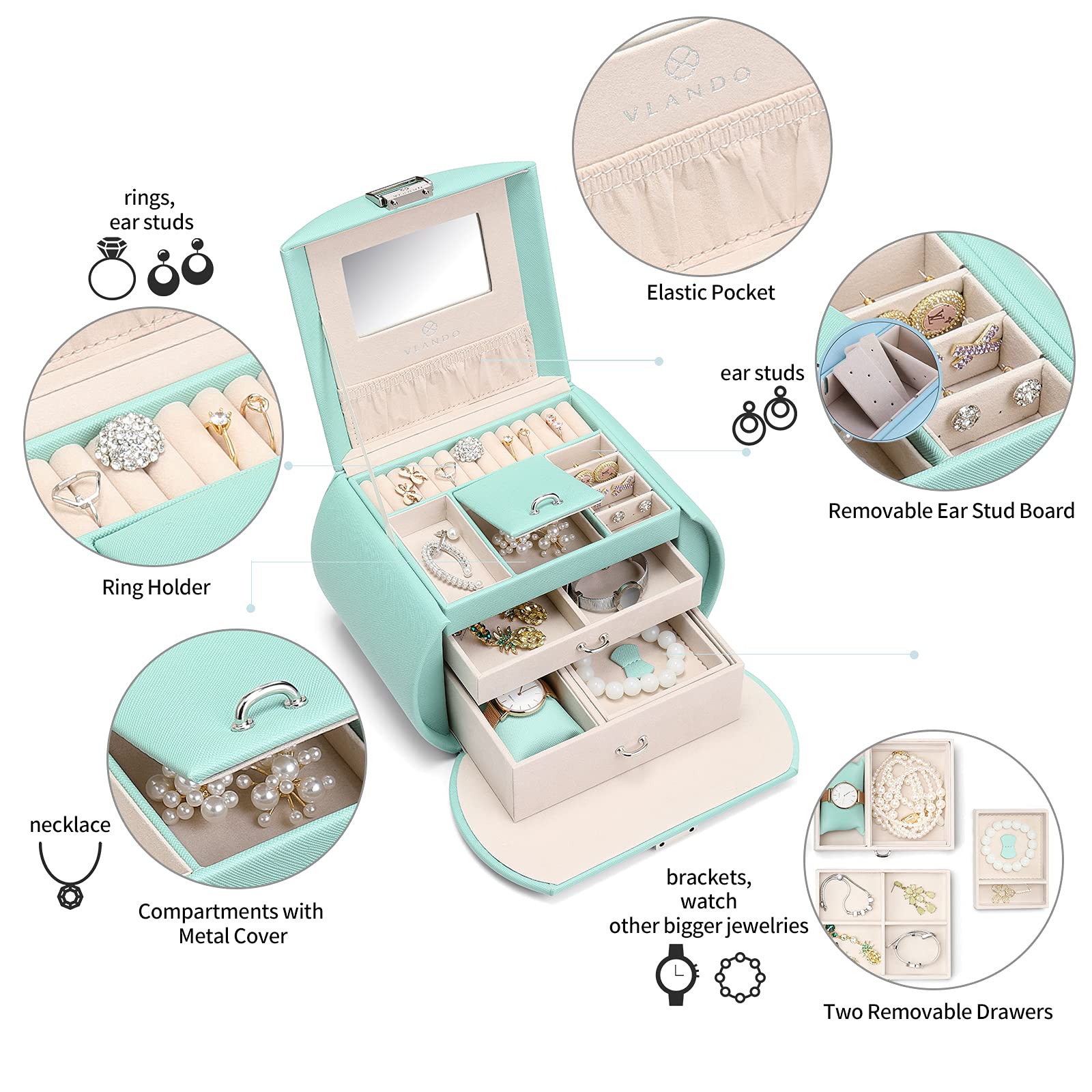 Vlando 3-Layer Princess Jewelry Box for Girls 8-14 with Mirror | Mint Green Jewelry Organizer Storage | Perfect Christmas Gift for Teens & Little Girls | Birthday Present, Bedroom Decor, Dresser Accessory