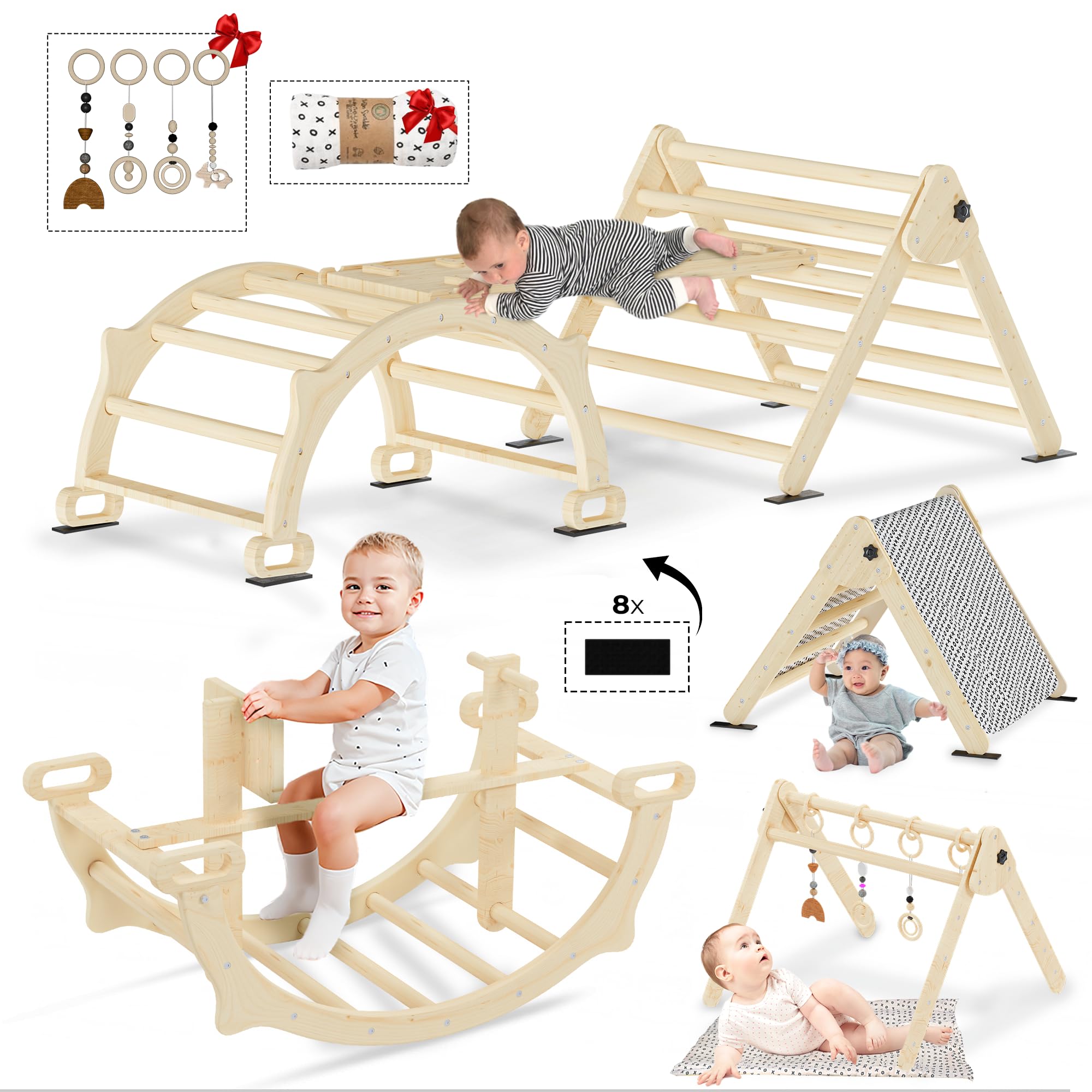 8 in 1 Foldable Pikler Triangle Set - Montessori Wooden Climbing Gym for Toddlers with Detachable Seesaw, Arch, Ramp & Ladder - All Natural Baby Climbing Toys for Indoor Play - Perfect for Home, Daycare & Montessori Classrooms