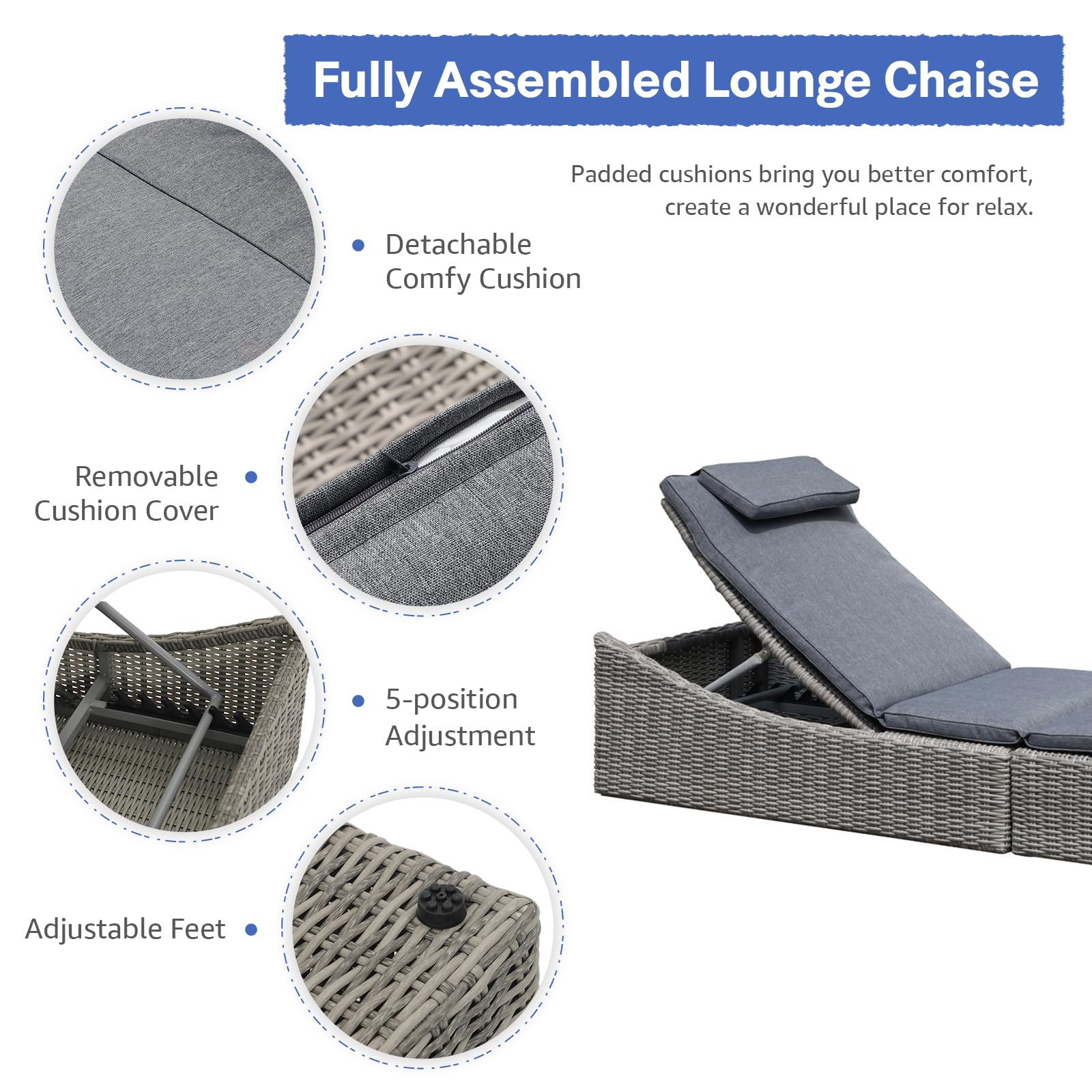 Premium Folding Outdoor Adjustable Chaise Lounge Chair with Removable Cushion - Fully Assembled PE Rattan Recliner for Patio, Pool & Beach - Gray - Perfect for Sunbathing, Relaxing & Outdoor Lounging
