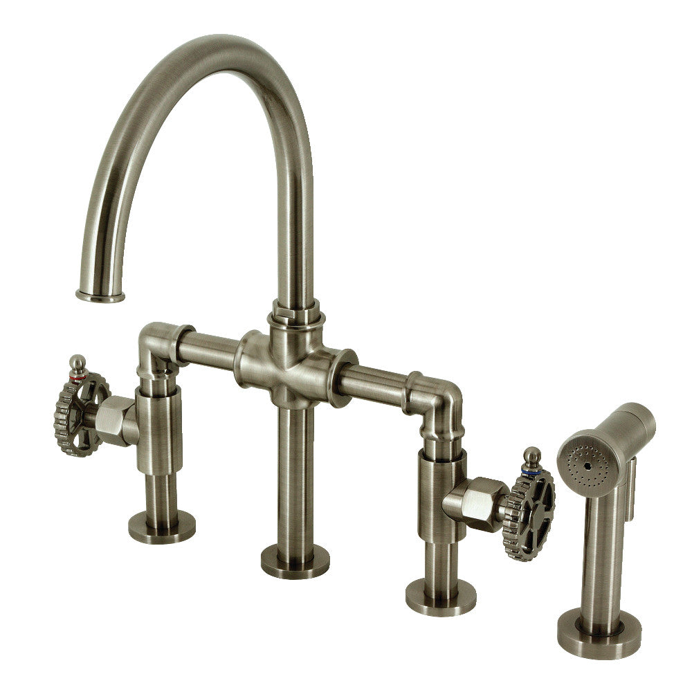 Industrial Style Bridge Kitchen Faucet with Brass Sprayer - Heavy Duty Commercial Grade Pull Down Sprayer for Restaurant & Home Kitchen - Perfect for Modern Farmhouse, Industrial Loft & Commercial Kitchens