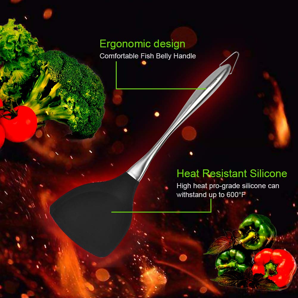 Honglida Premium BPA-Free Silicone Wok Turner - 600°F Heat Resistant Spatula with Stainless Steel Handle (14.2 Inch, Black) - Ideal for Non-Stick Cookware, Stir-Frying, Flipping Pancakes & Sauteing