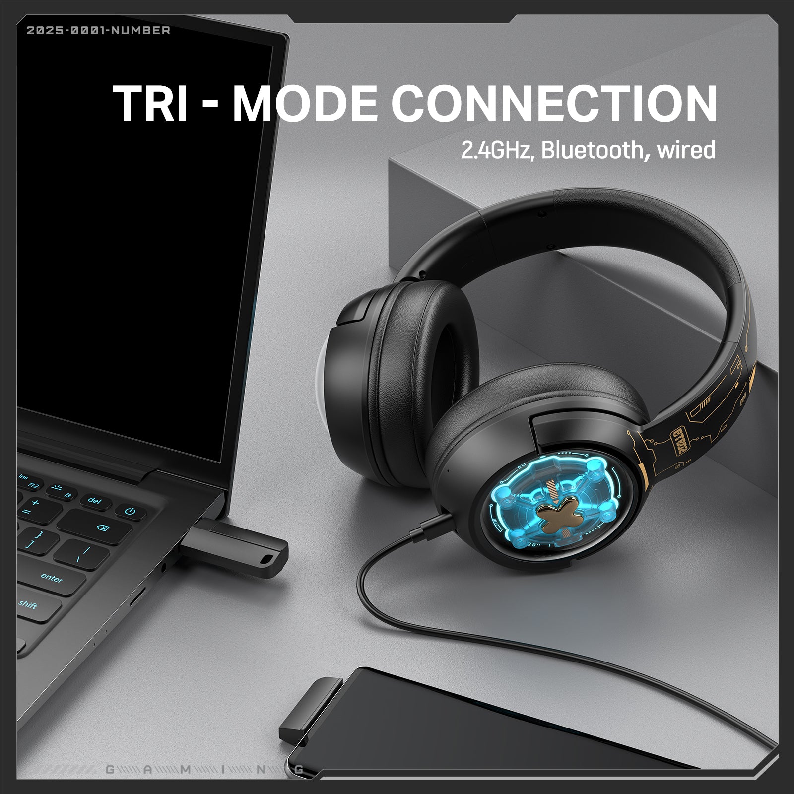 ONIKUMA GT802 Wireless Gaming Headset with Tri-Mode Connectivity (2.4GHz/Bluetooth/Wired), RGB Lighting, 1000mAh Battery - Perfect for PC, PS5, Xbox & Mobile Gaming