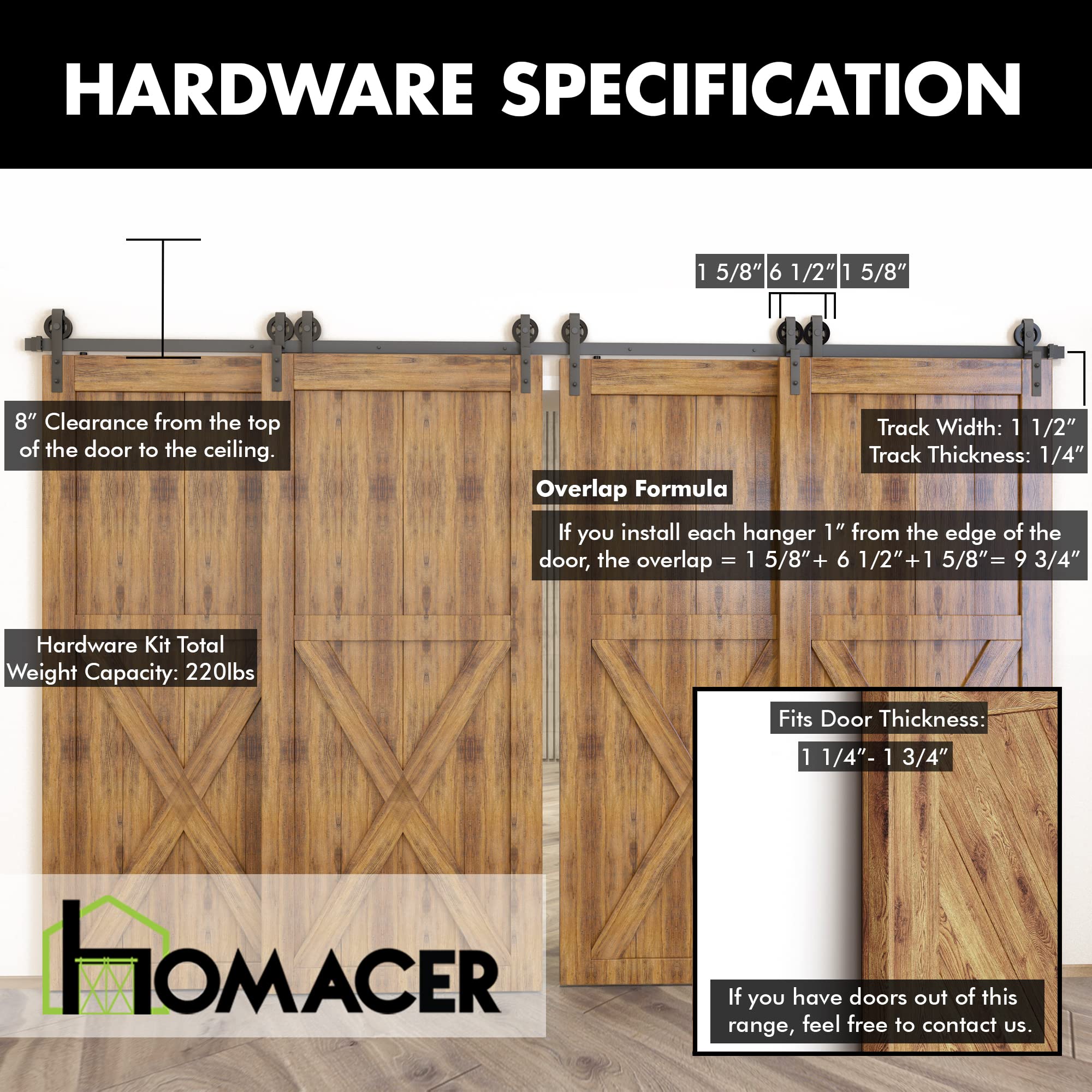 Homacer Black Rustic Single Track Bypass Sliding Barn Door Hardware Kit - 9ft Long Flat Track with Spoke Wheel Design (2 Flat + 2 Bent Rollers) - Perfect for Farmhouse, Loft, or Industrial Style Interior Doors